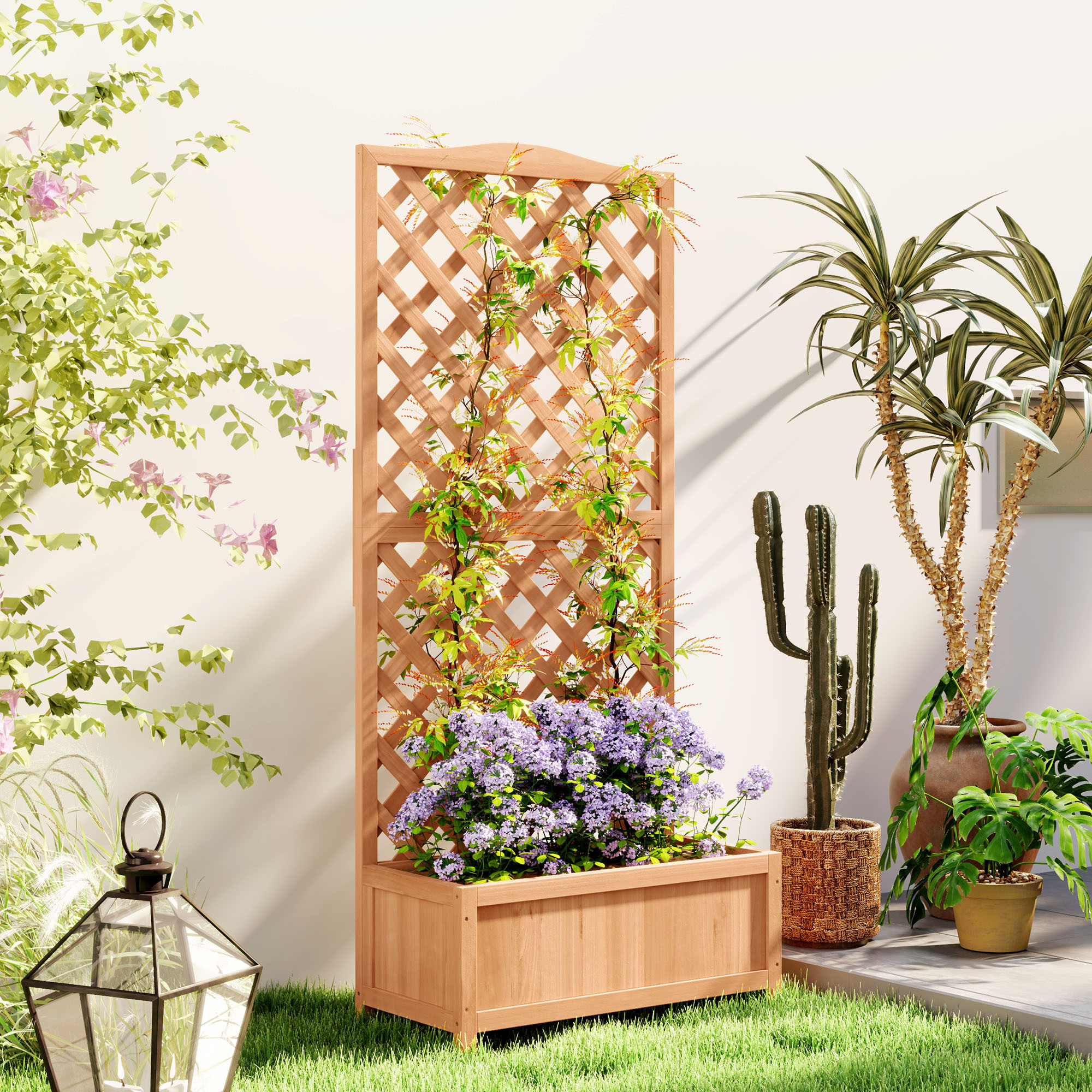 Image of Outsunny Raised Garden Bed With Lattice, Outdoor Planter With Trellis For Climbing Plants In Fir Wood, For Flowers And Vegetables, For Garden And Balcony, 76x36x170 Cm, Brown