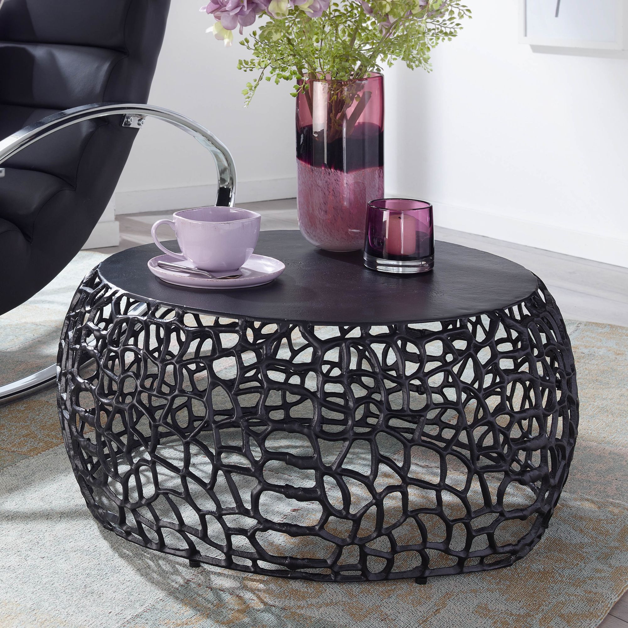 Metal Coffee Table 66x66x30 Cm, Round Aluminum Living Room Table With Branch Structure, Small Modern Coffee Table, Side Table For Living Room
