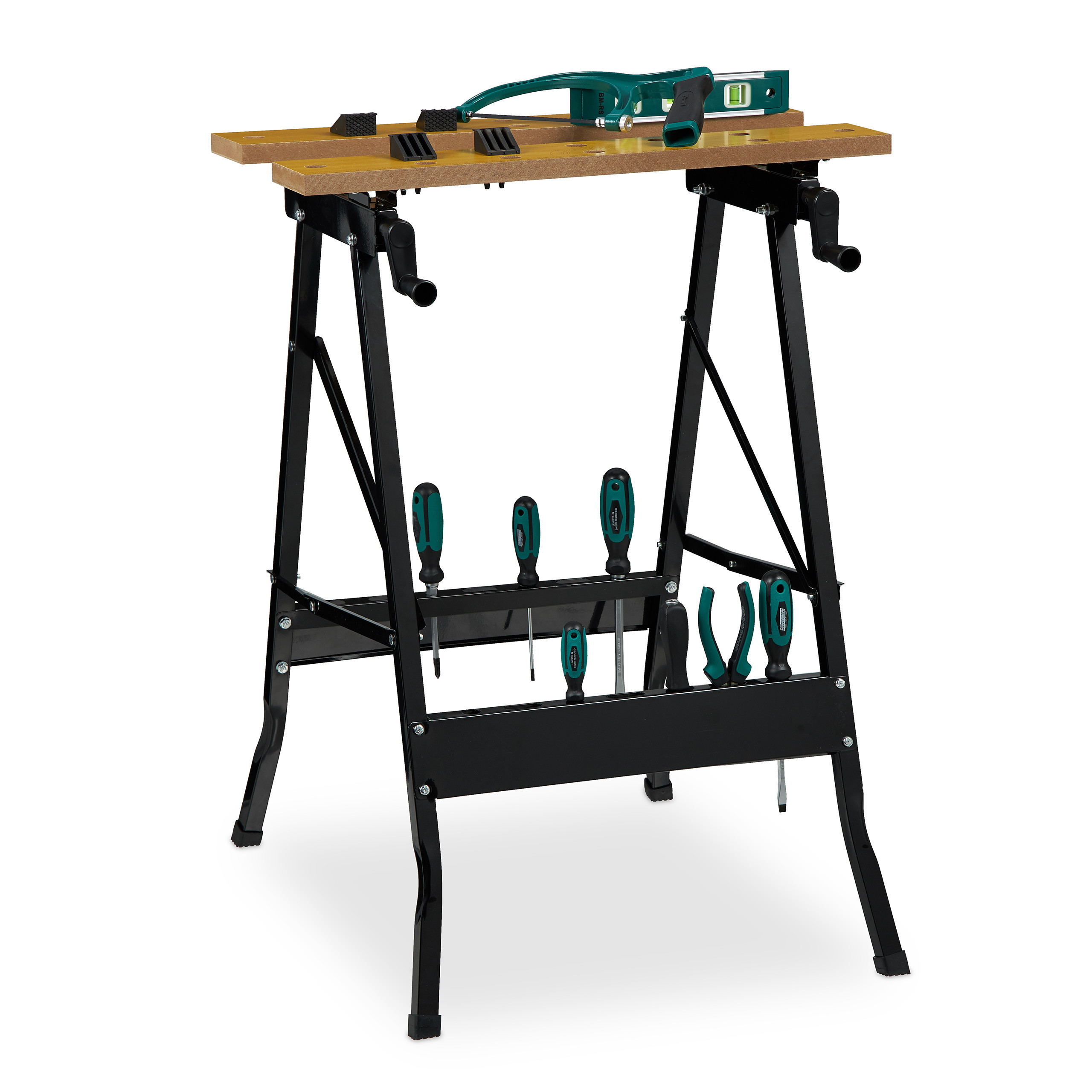 TEMU de trabajo plegable, 4 mordazas de sujeción, soporta 100 kg, superficie regulable, acero y MDF, 75.5 x 56.5 x 62 cm, natural y negro, con