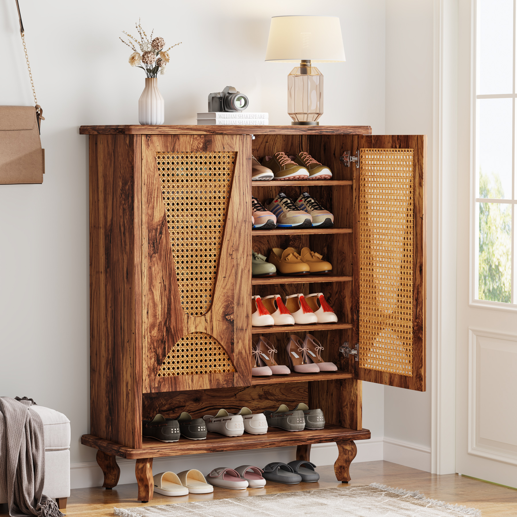 Image of 75x37x110cm Rattan Shoe Cabinet With 2 Doors, 7 Tier Narrow Shoe Rack For 25 Pairs, Entryway Hallway Storage For Living Room.