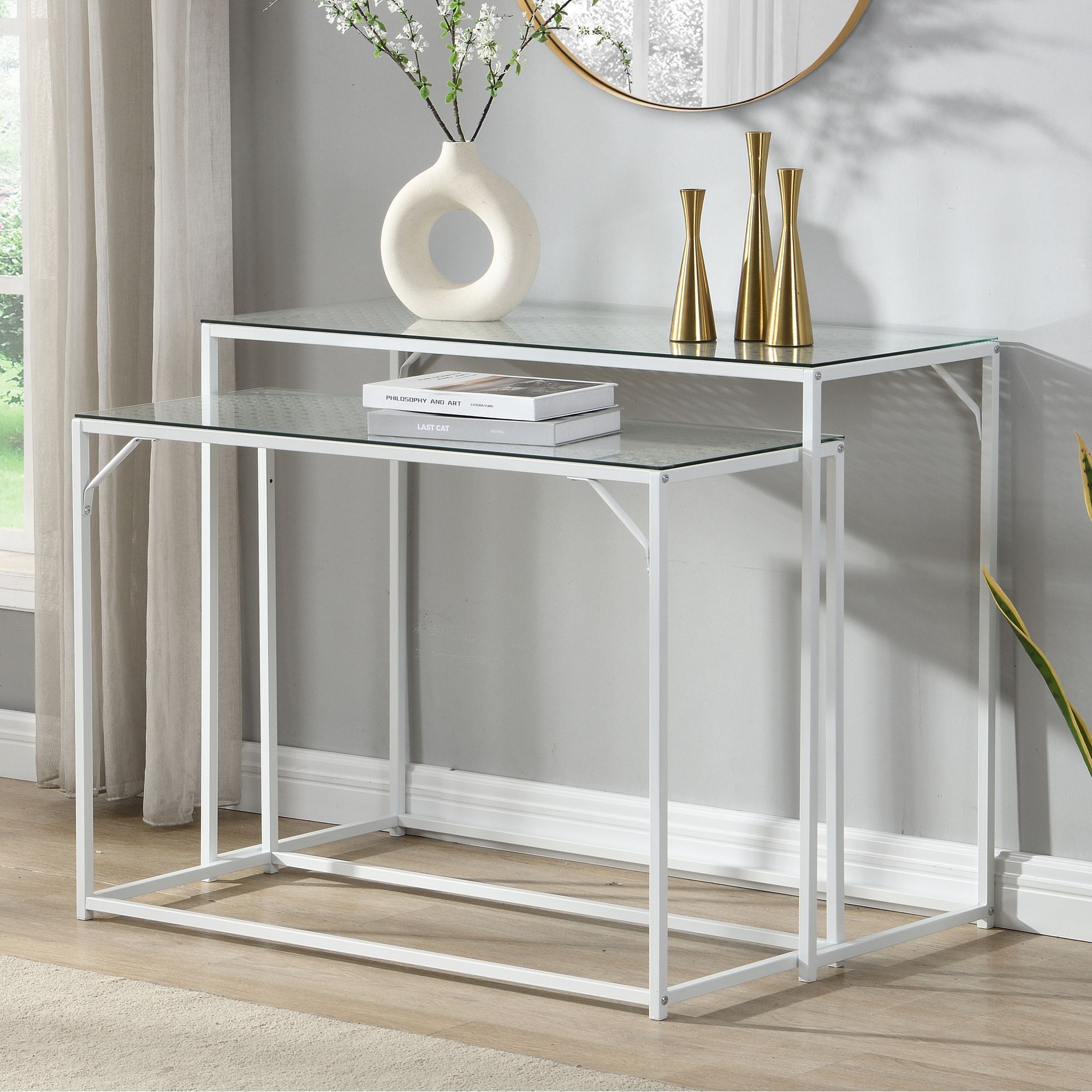 Image of Console Table Set Of 2, Metal With Glass Top, Modern Decorative Tables For Hallway Living Room, Narrow Storage Tables In , Space- And