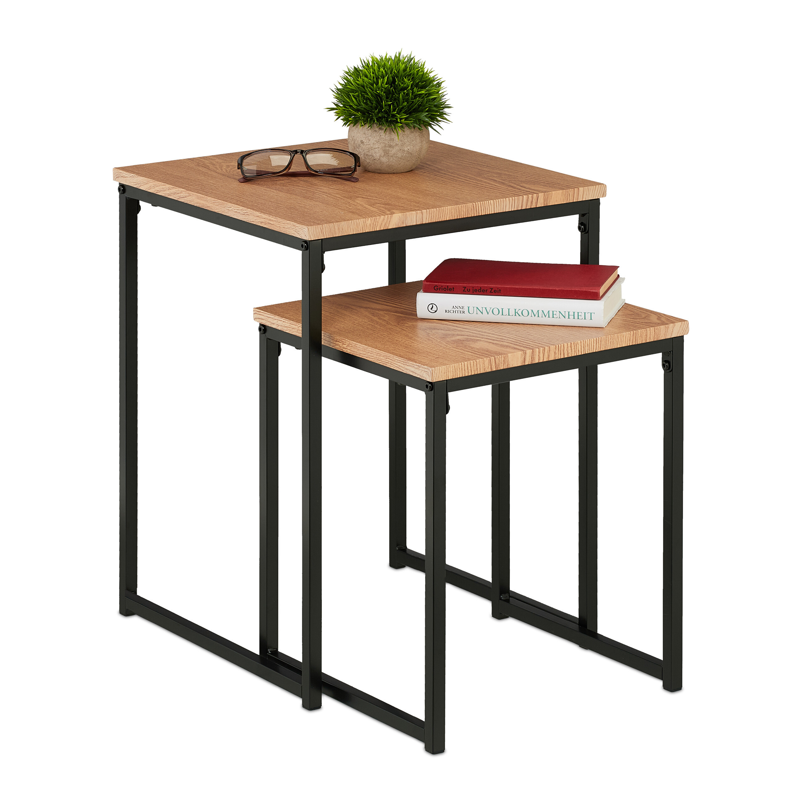 TEMU Mesas auxiliares apilables, pack de 2, cuadradas, 42 x 34 x y 54 x 40 x 40 cm, hierro MDF PVC, marrón /negro, estructura metálica, para salón,