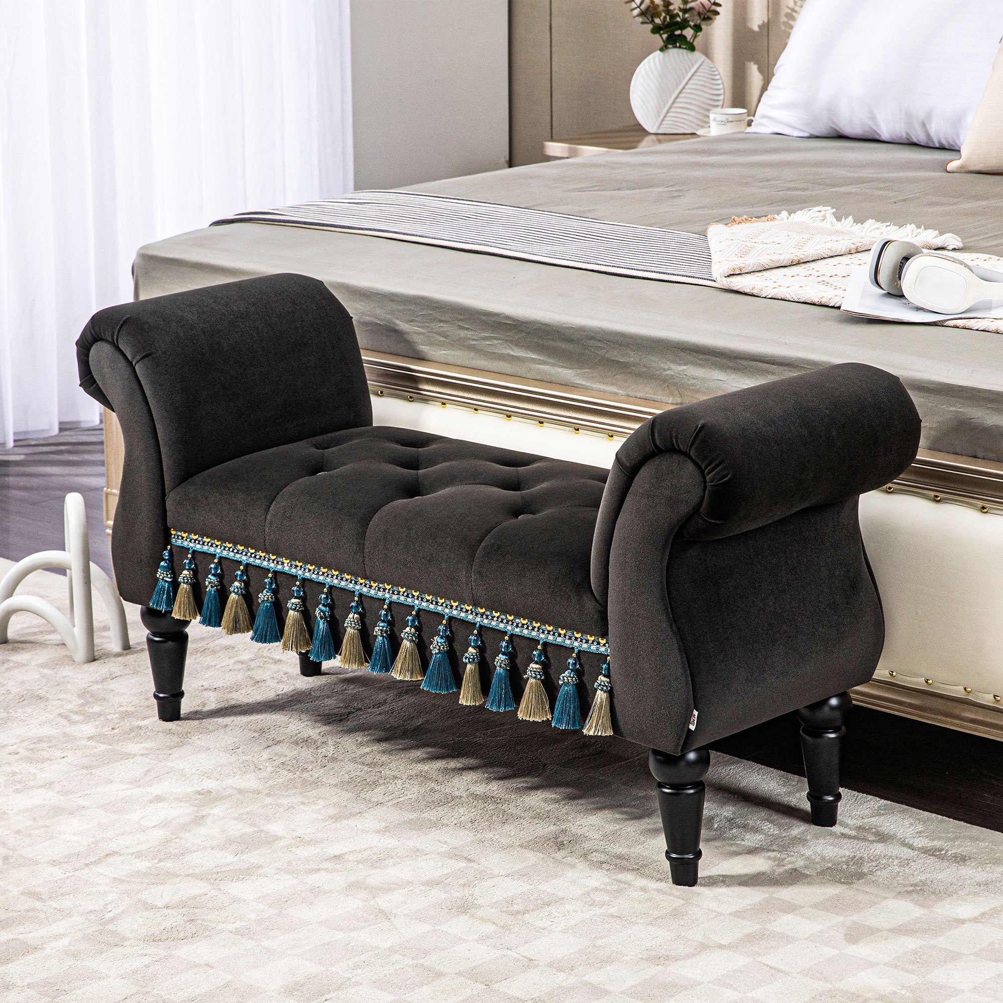 Seat Bench With Storage, Velvet Look, Bench With Wooden Legs, Hallway Bench For Bedroom, Load Capacity Up To 150 Kg, Dark Gray, 117 X 40 X 58 Cm