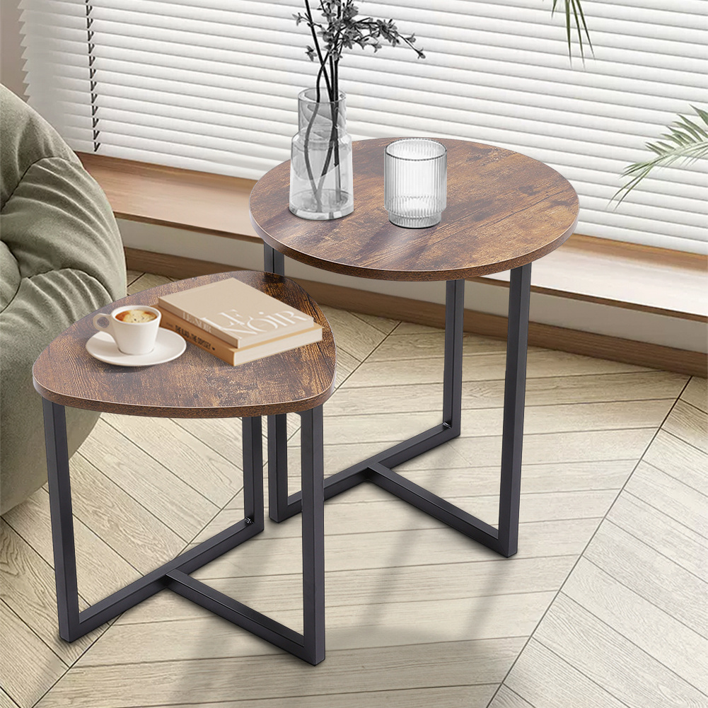 TEMU Set Of 2 Nesting End Tables, Industrial Style Stackable Side Tables With Rustic Brown Wooden Tops & Black Metal Frames, Space-saving Nesting
