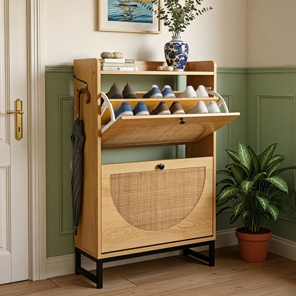 Double-layer Flip Shoe Cabinet For Entryway, Rattan Door Panel + Solid Wood Frame, 13 Cm High Moisture-proof Base, Equipped With Anti-tipping Device, Space-