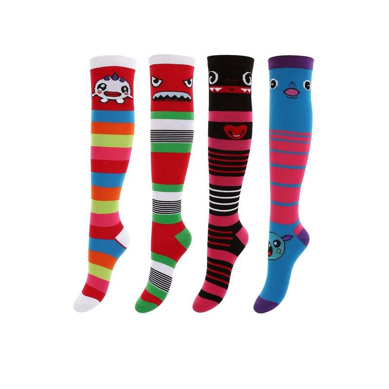 4-pack Colorful Over-the-knee Socks With Monster Pattern, Cotton Knee-high Socks