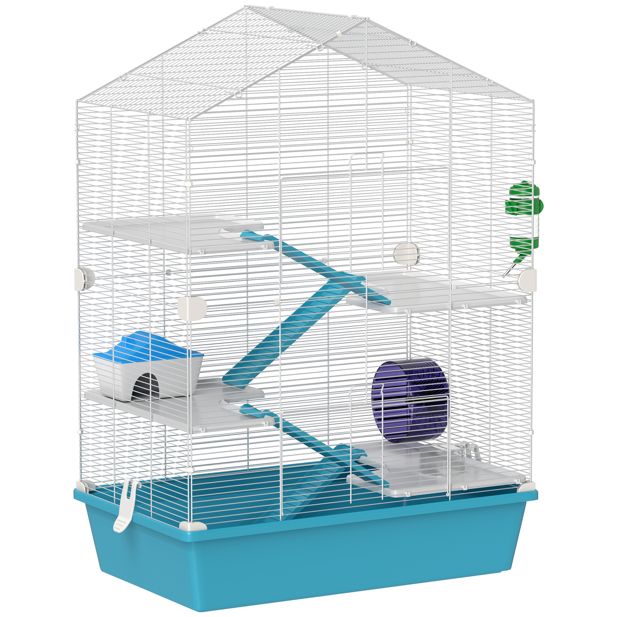 Image of Hamster Cage Small Animal House With Platforms Food Bowl Water Ladders And Exercise Wheel 58x36x81 Blue