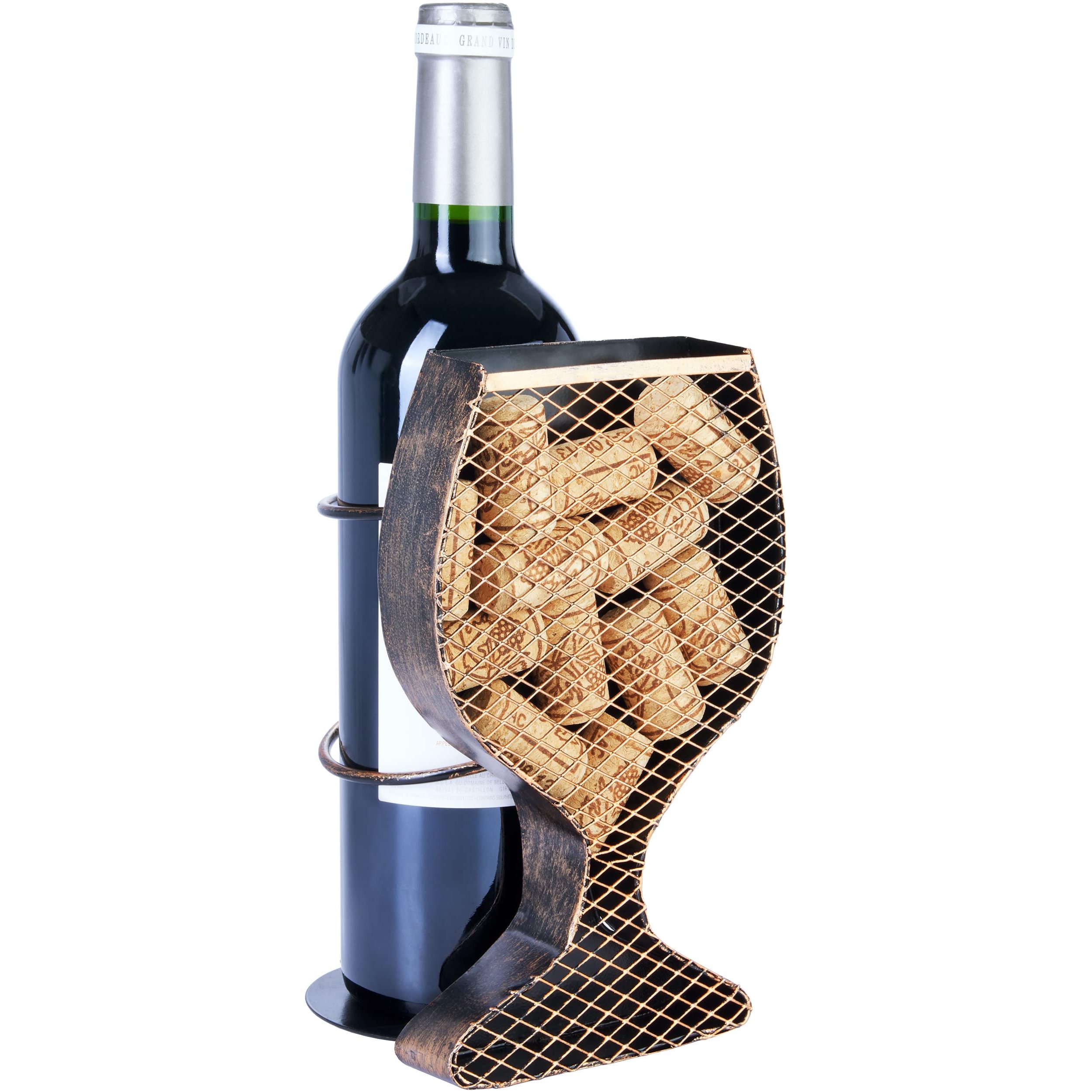 Image of Brubaker Wine Bottle Holder With Cork Storage - Wine Glass Metal Decoration With Box For Wine Corks - Decorative Object Bottle Stand With Greeting Card As Wine Gift For Women And Men