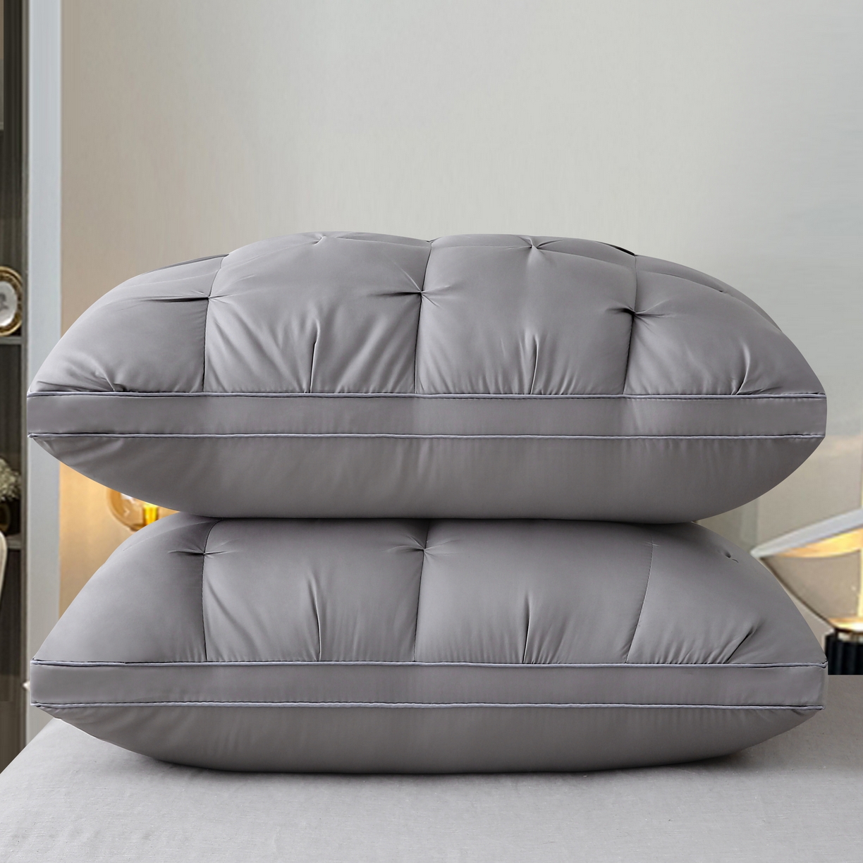Pack Of 2 Bed Pillows, Large Standard Size 74*48cm with 800g fillings, Luxury Hotel Quality Pillow Soft Bounce Back Firm Twisted Flower Pillows Core, Non-Collapsing High Core for Side Sleeping (Grey)