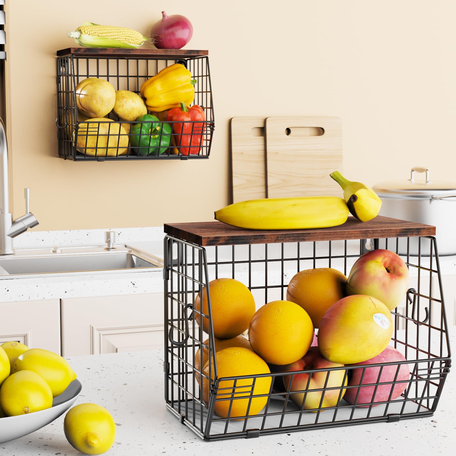 2-Tier Stackable Kitchen Storage Rack with Wooden Boards