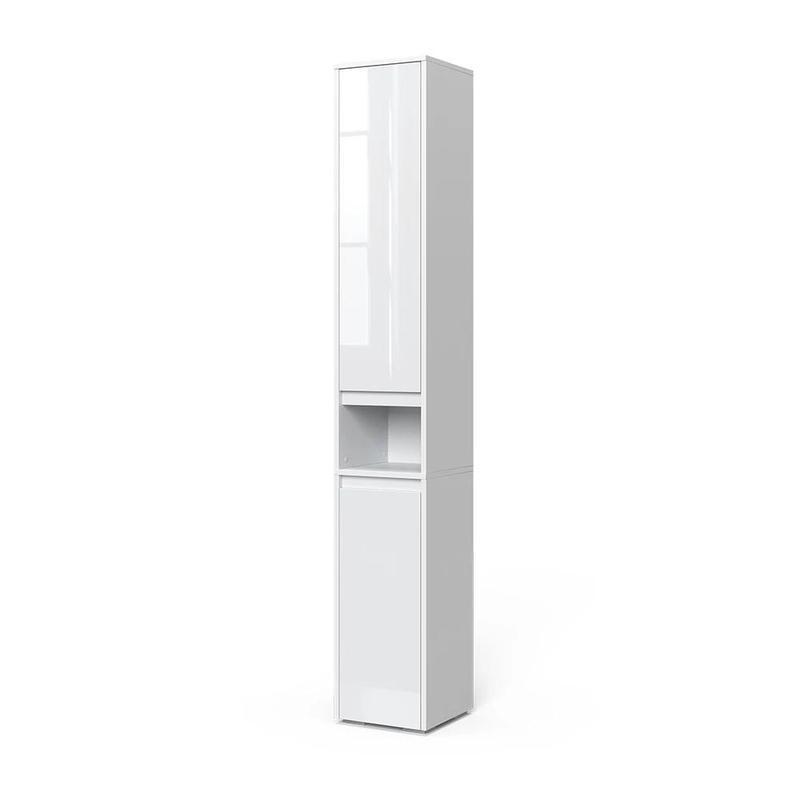 Image of Majest White High-gloss Bathroom Cabinet 30.2 X 191.5 Cm With Doors And Open Compartment, Laundry Cabinet, Tall Bathroom Cabinet, Slim Bathroom Cabinet, Bathroom Furniture, Particle Board, 16 Mm