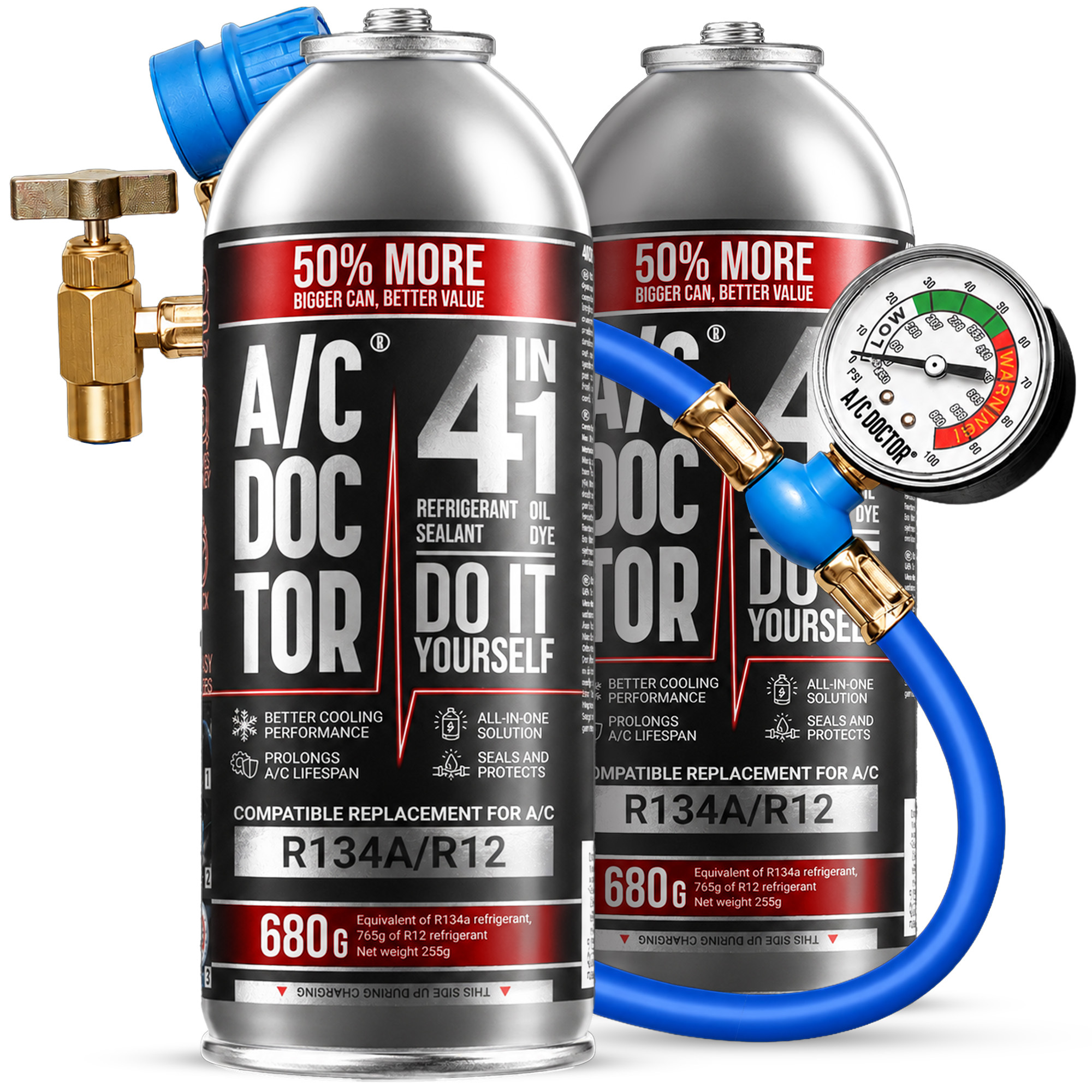 TEMU Ac Doctor 2x 4in1 R134a + Hose With 2 Cans Of 4in1 Preparation, 255g Each, A Set For Independent Of Car Air Conditioning Type R134a, With A Hose