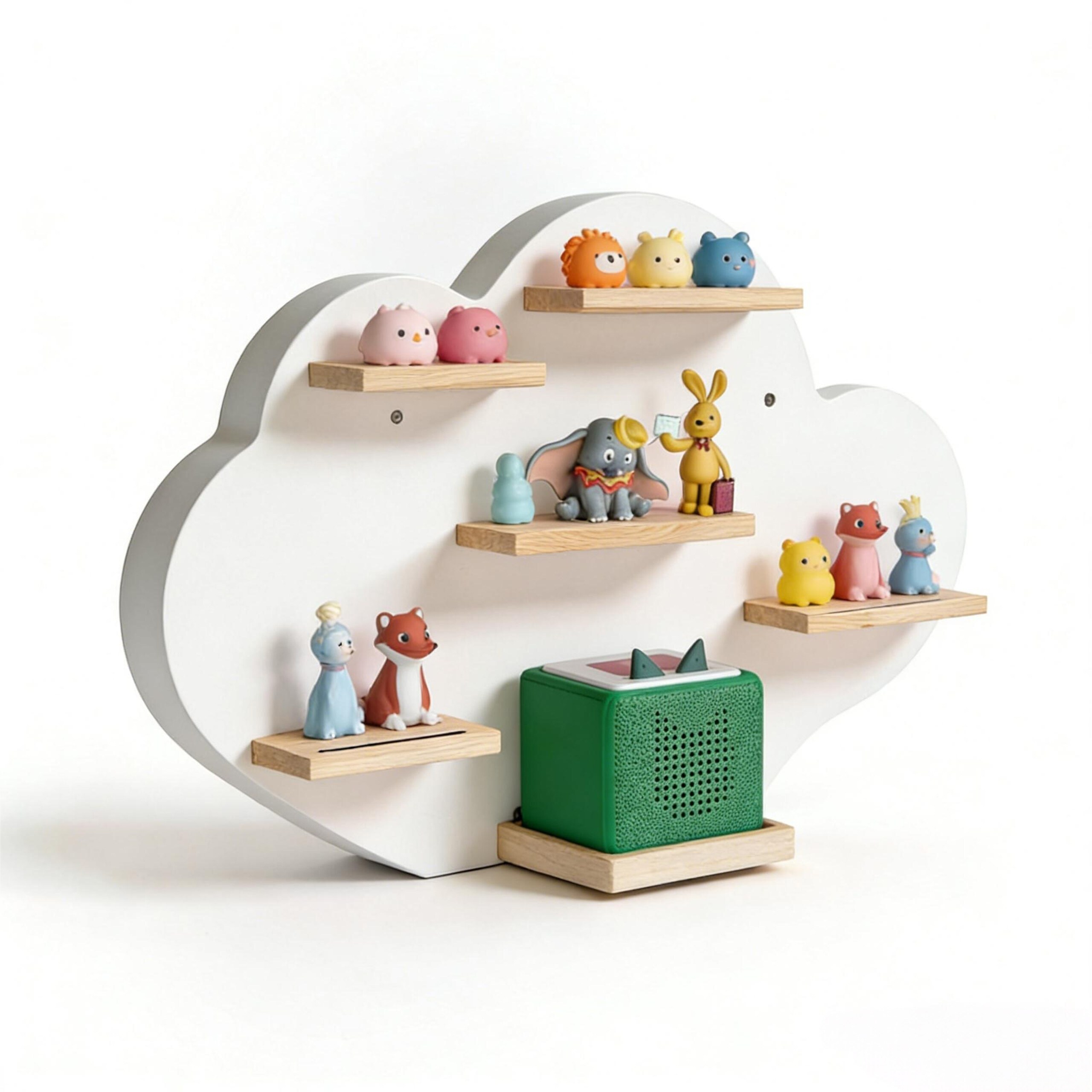 TEMU Toniebox-Regal magnetisch, bis zu 20 Toniefiguren, 40 x 61 x 17 cm, MDF und Buchenholz, weiß, Wolkenform, für Kinderzimmer und Hörspielbereich,