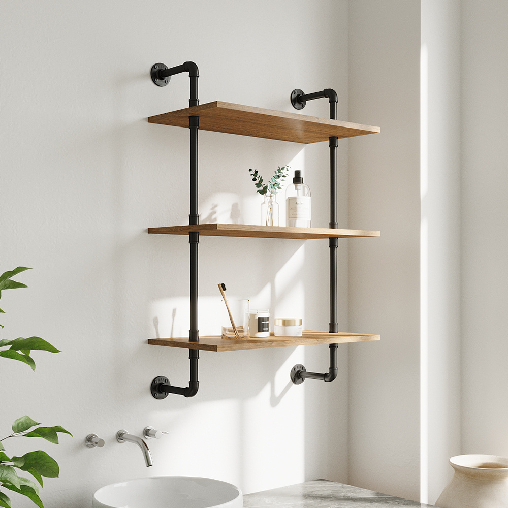3 Tier Industrial Pipe Floating Shelf with Solid Wood Board, Open Vertical Shelf Rustic Wall Mounted BookShelf Space-saving Storage Rack, Easy Assembly, Kitchen Spice Rack, Bathroom Shelf, Storage Organizer for Books, Pictures, Plants, Sundries in Living Room, Bedroom, Hallway, Entryway, 60x30x89.7cm