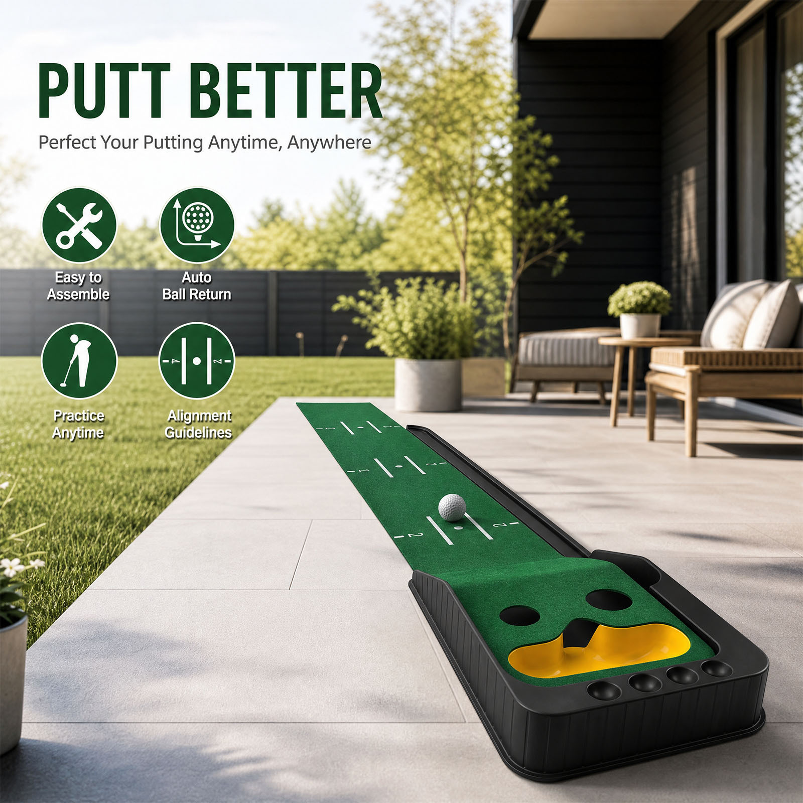 Golf Putting Mat with Automatic Ball Return & Dual-Hole Design
