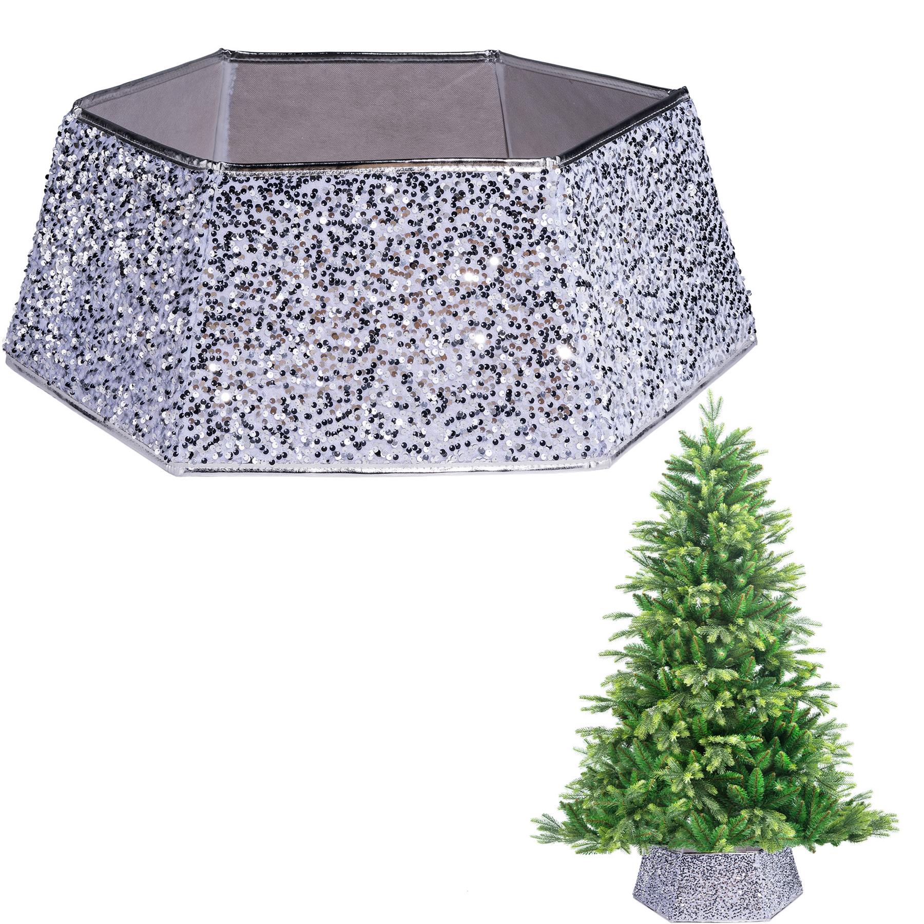 TEMU 26.8inch Christmas Tree Skirt Foldable Sequin Tree Stand Base Cover Collar Trunk Basket Ring For Tree Decorations