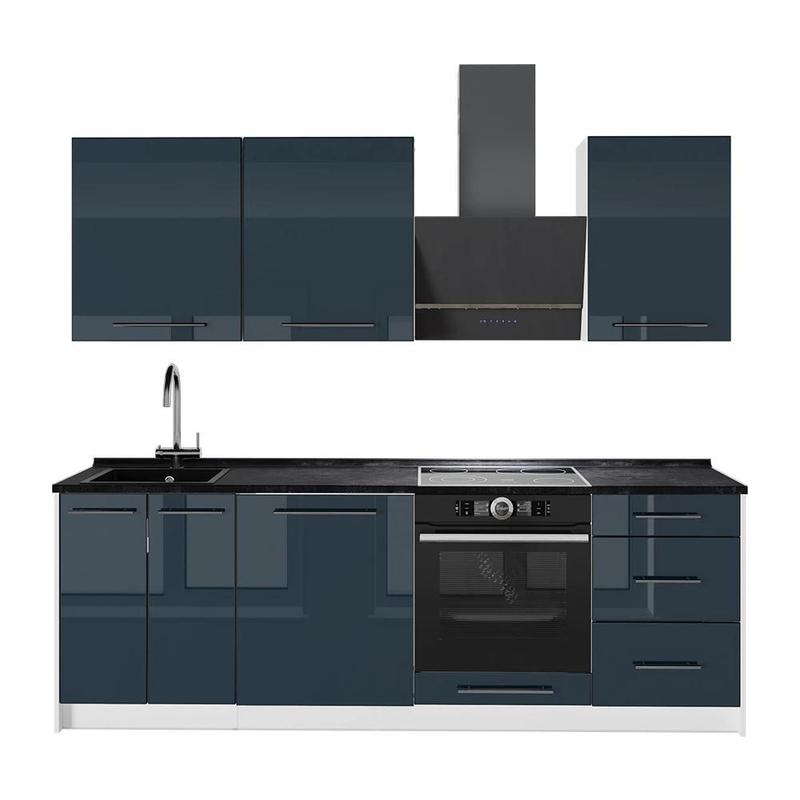 Image of Fame-line Kitchen Counter Dark Blue High-gloss/white 230 Cm Without Worktop The Kitchen Block Kitchen Block Kitchen The Kitchen Block Chipboard, 16 Mm Kitchen