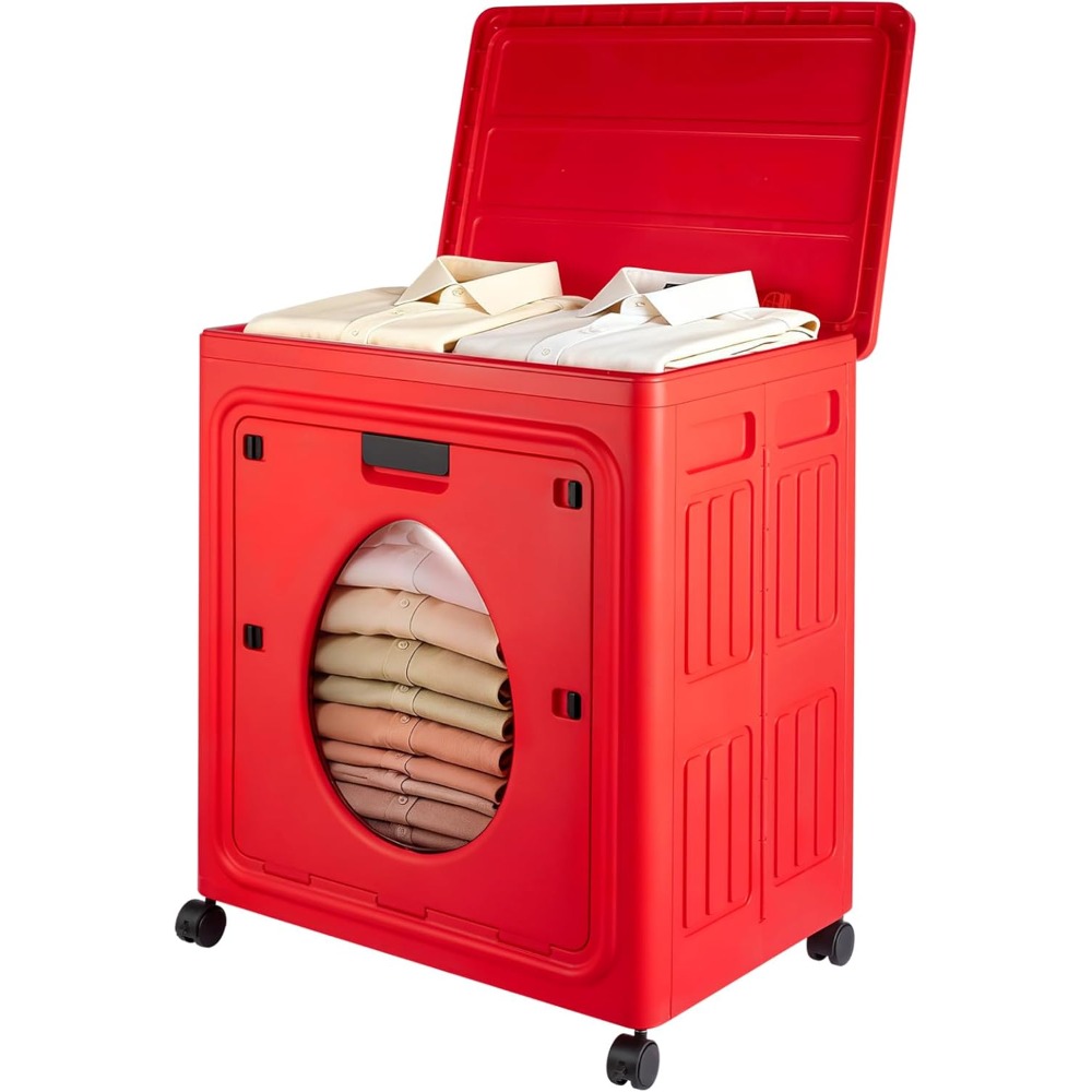 large capacity laundry hamper with lid and wheels collapsible clothes basket with transparent window rolling storage organizer for bedroom apartment closet red