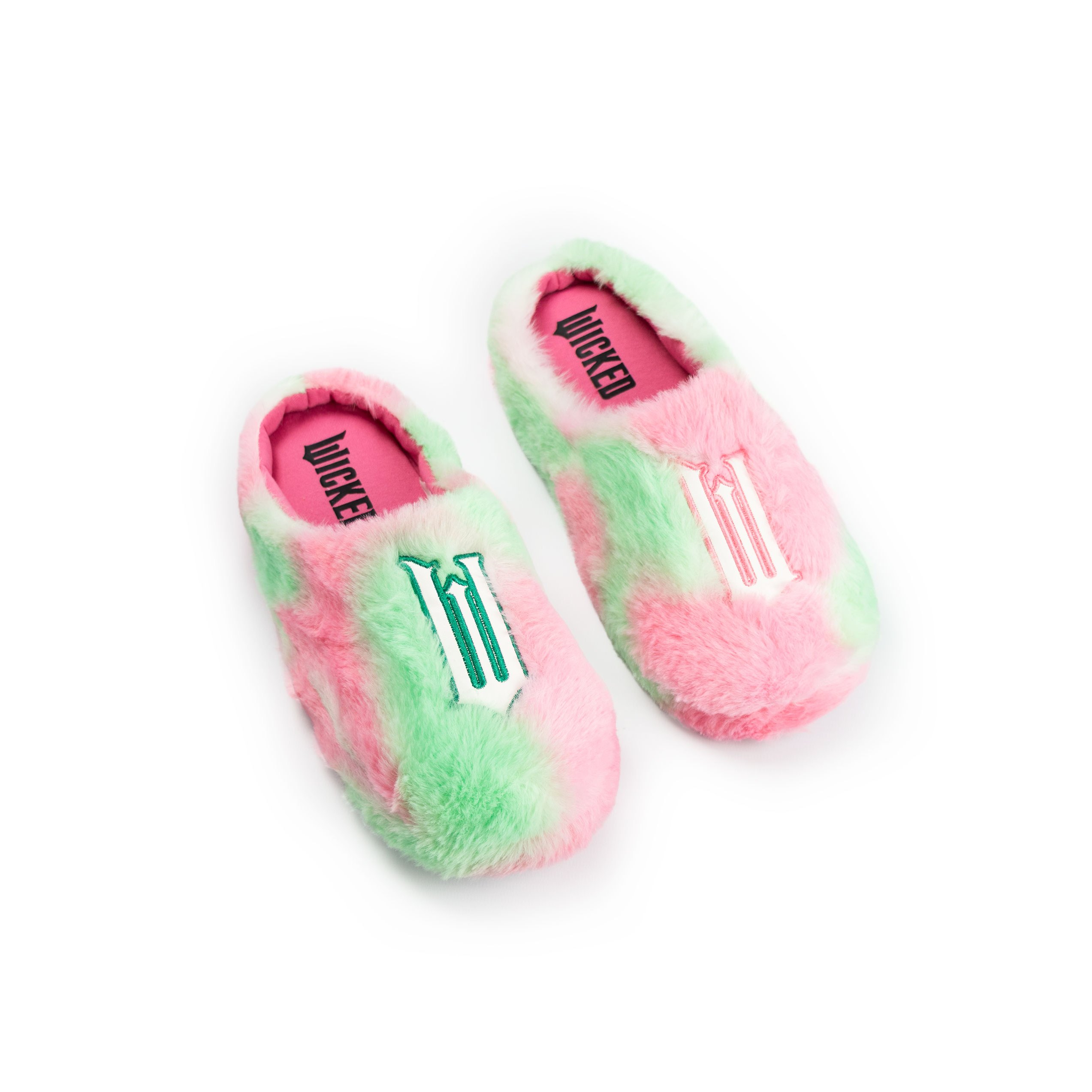 TEMU Wicked Womens Pink And Green Fluffy Mule Slippers | Logo Initial 'w' Design For Indoor Lounging | Comfortable House Footwear | Fun Movie-themed