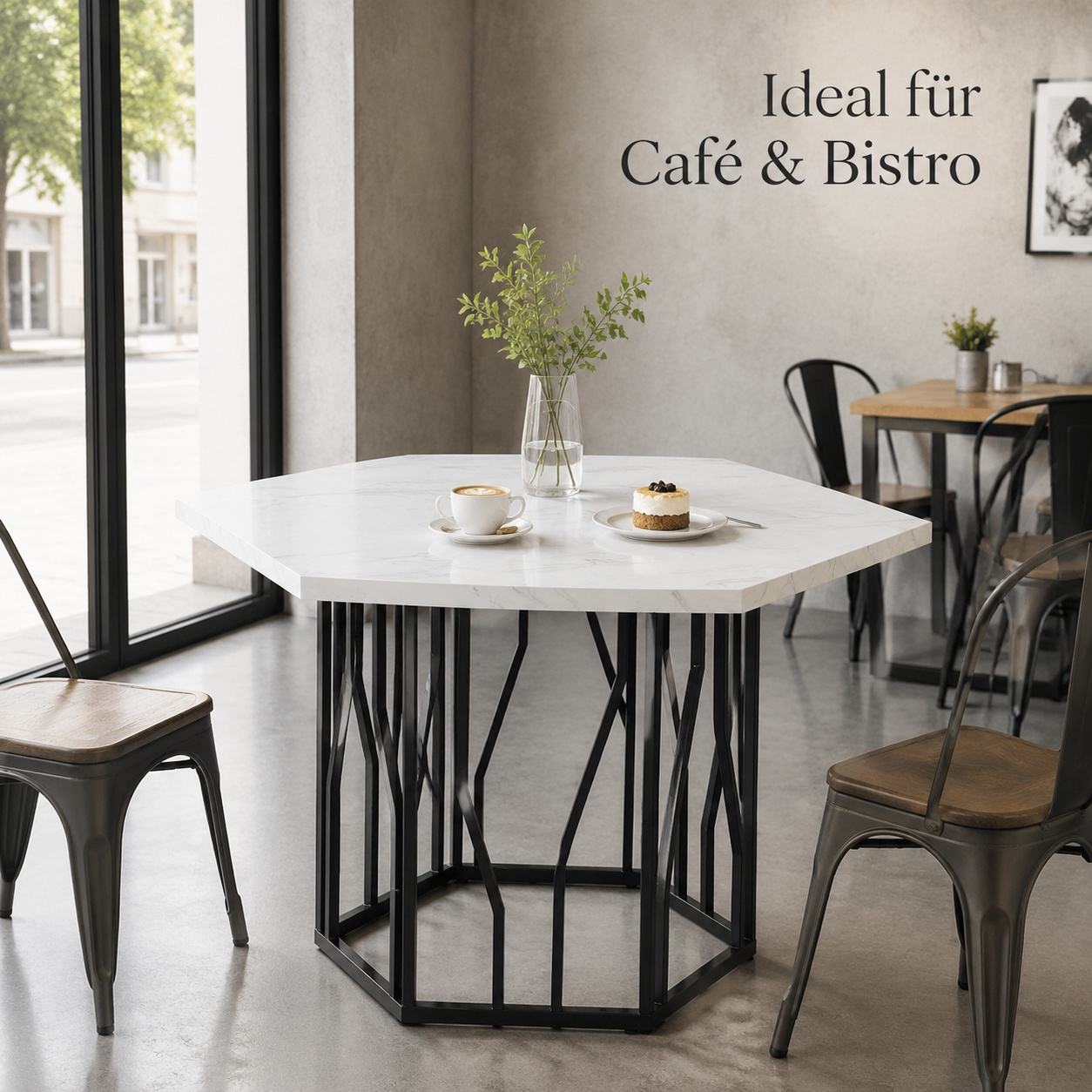 Image of Hexagonal Luxury Dining Table Kitchen Table In Optic With Stable Black Iron Metal Frame, Suitable For Household Café
