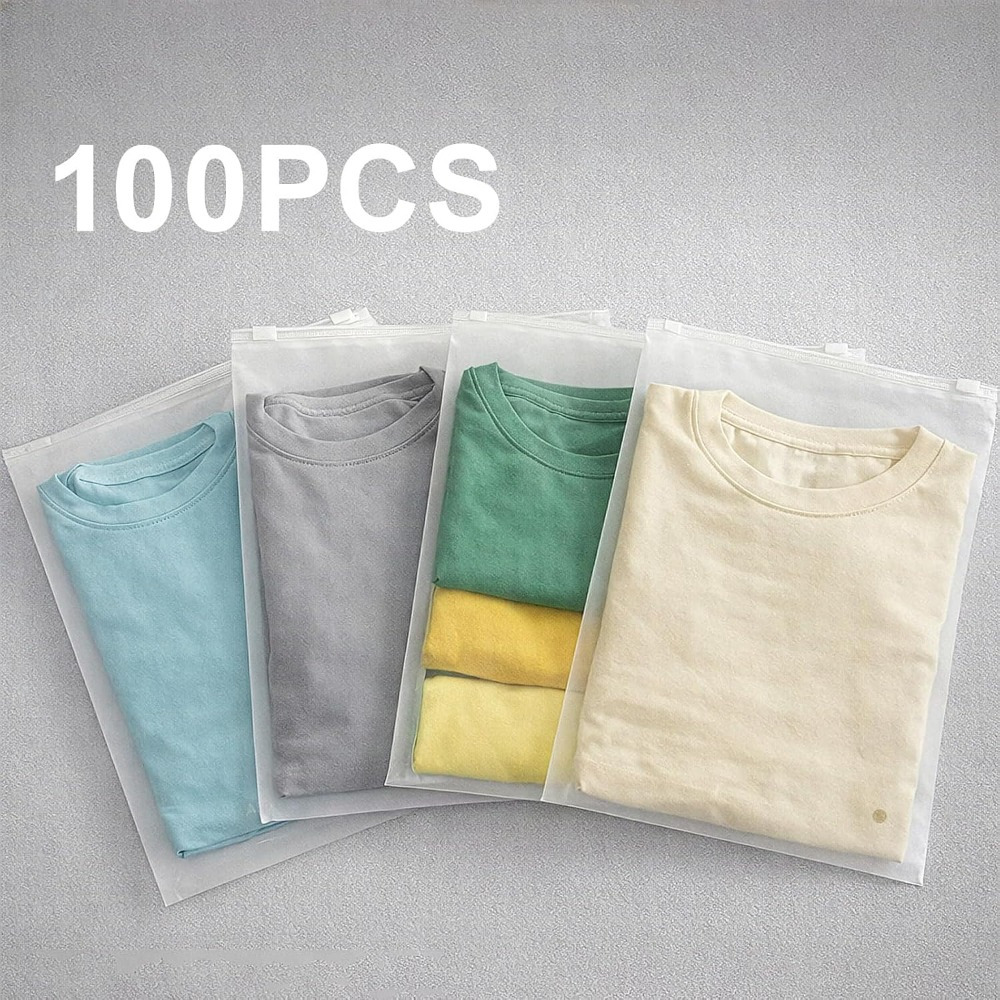 TEMU 25x20cm Clear Frosted Zipper Garment Bags 100 Pack, Breathable Plastic Holders For Daily Shirt And T-shirt Storage Protection