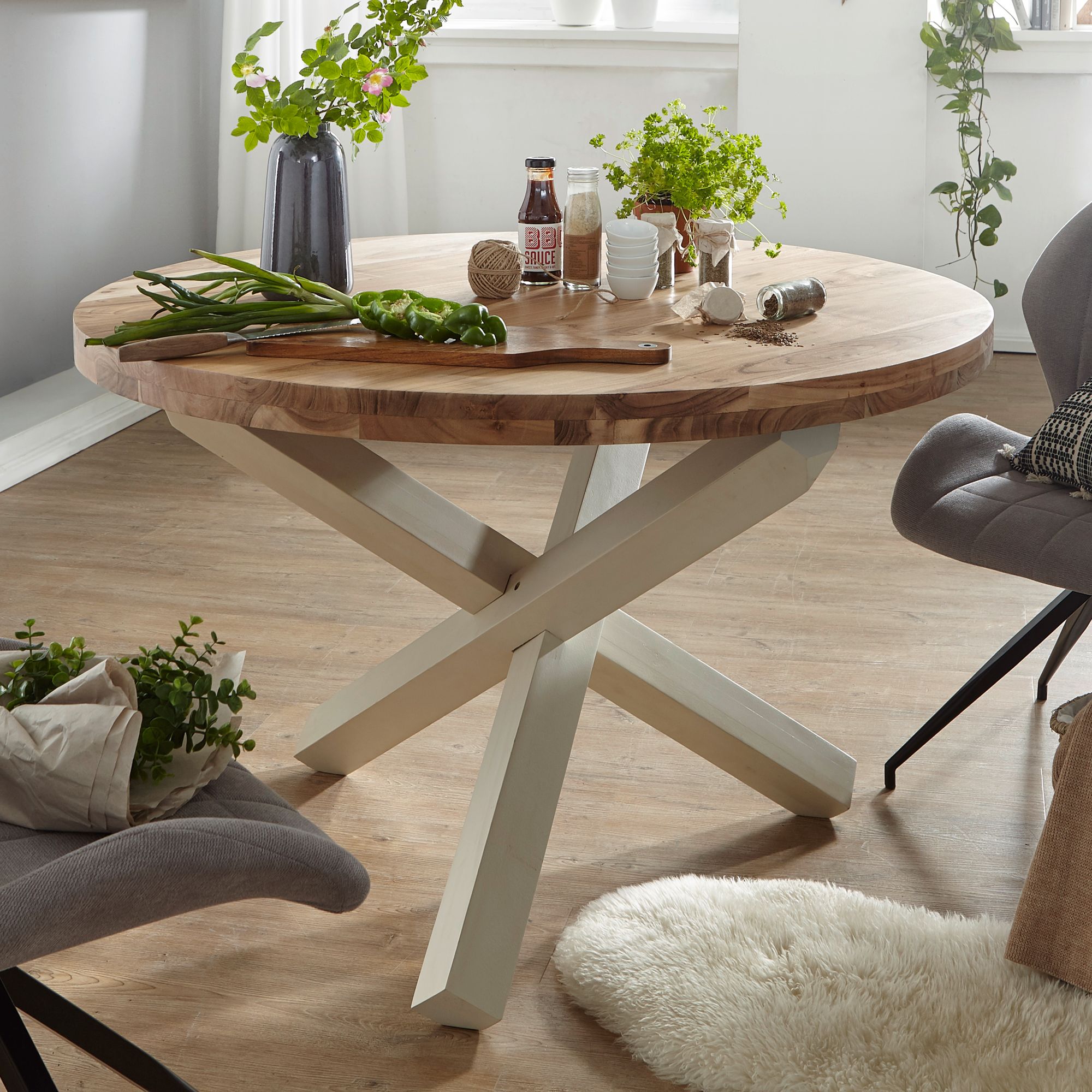 Round Dining Table Ø 120 Cm X 75 Cm Solid Wood, Country House Dining Table For , Kitchen Table For Dining Room, Brown