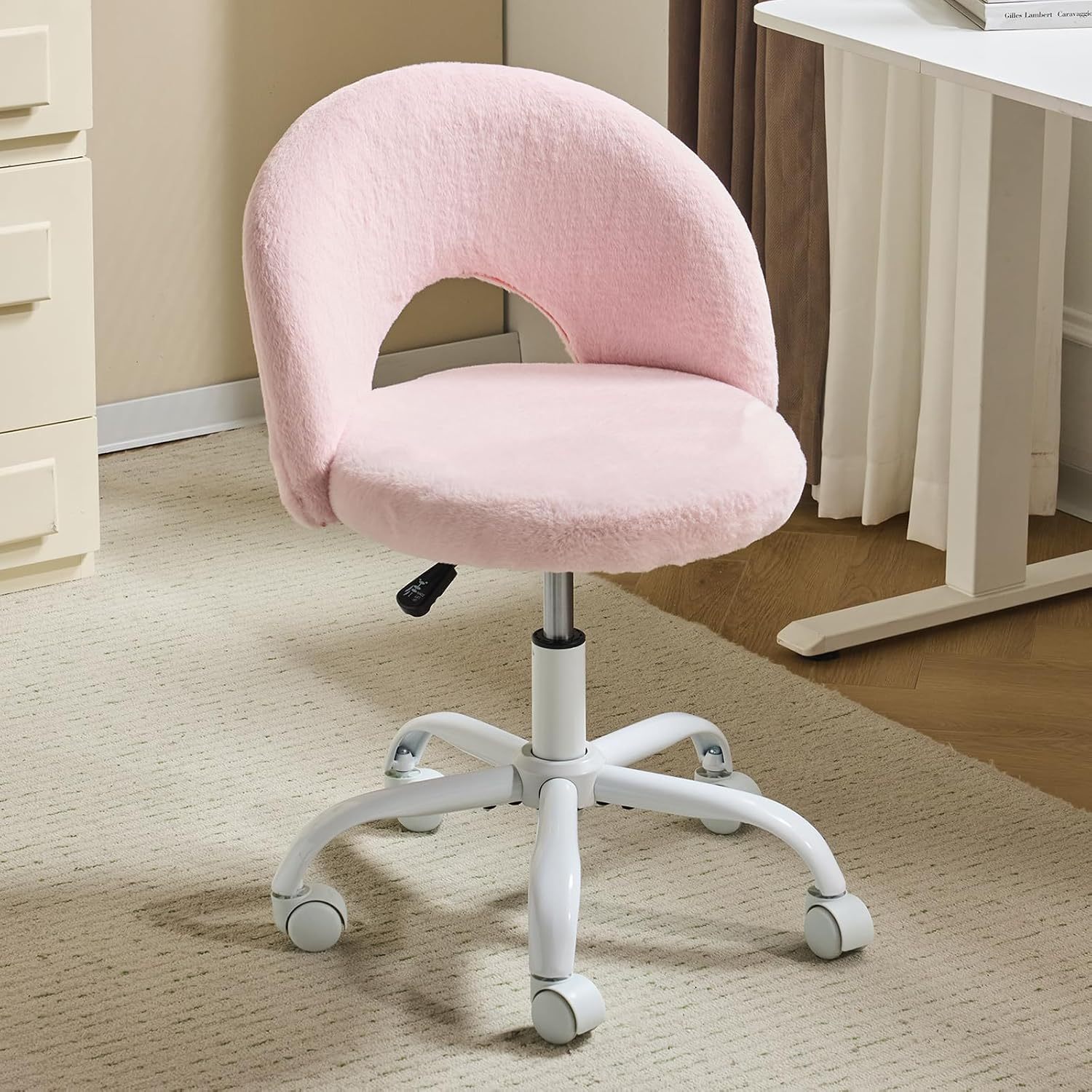 Image of Home Office Chair, Desk Chair, Makeup Chair, Office Chair Without Armrests, Swivel Chair With Wheels, Height-adjustable, Home Office, Makeup, Artificial Rabbit Fur