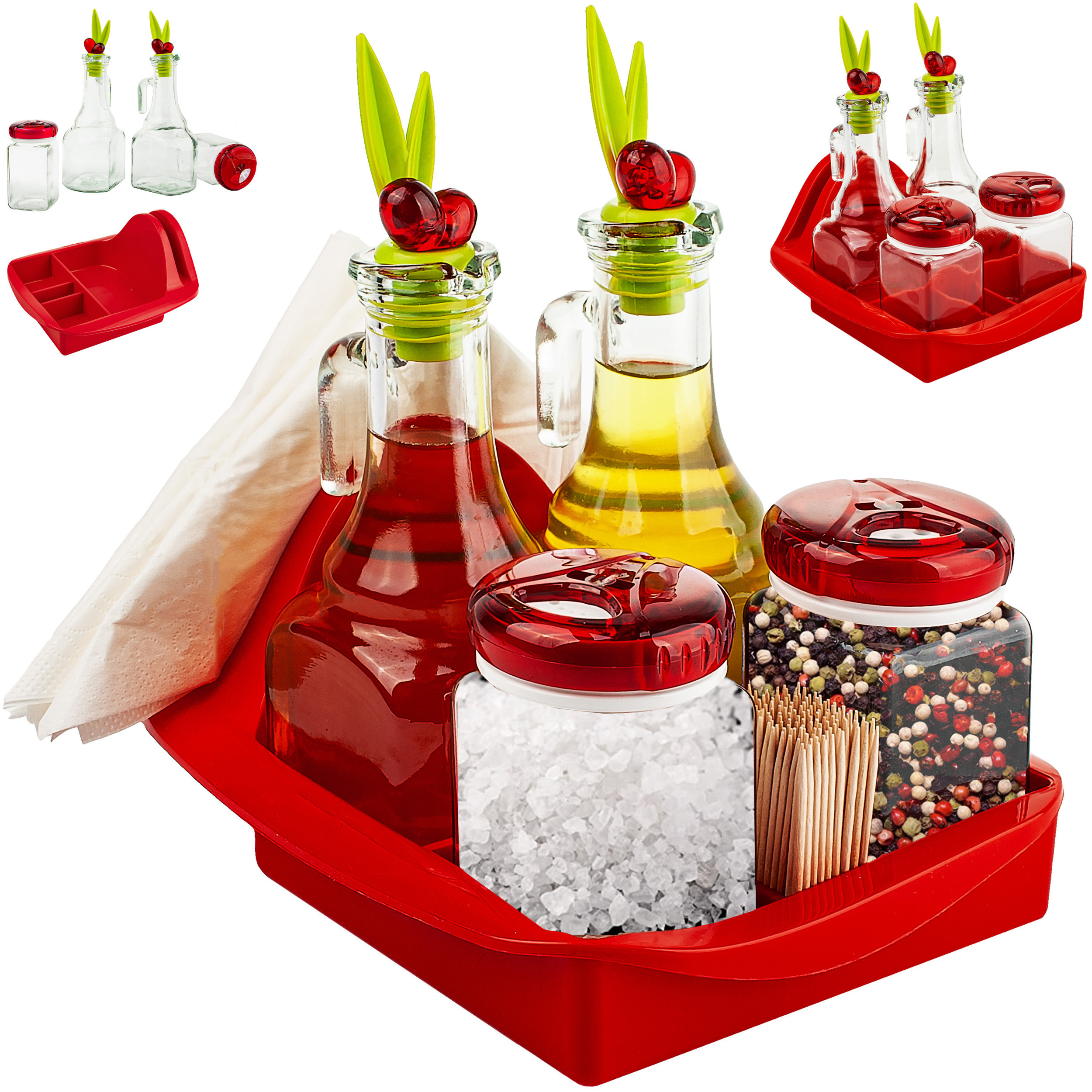 Image of Table Setting With Tray / Dinner Set - Glass Bottles For - Oil & Vinegar + Salt- & Pepper Shaker - Red - Oil Bottle / Vinegar Bottle - Serving Set - For Eating - Sauce..
