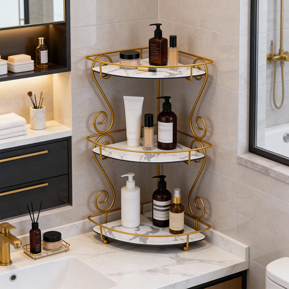 TEMU Three-tier Cosmetic Organizer Rack For Bathroom, Round Shelf With Shampoo Holder And Makeup Box Storage, Practical Corner Multifunction Shower
