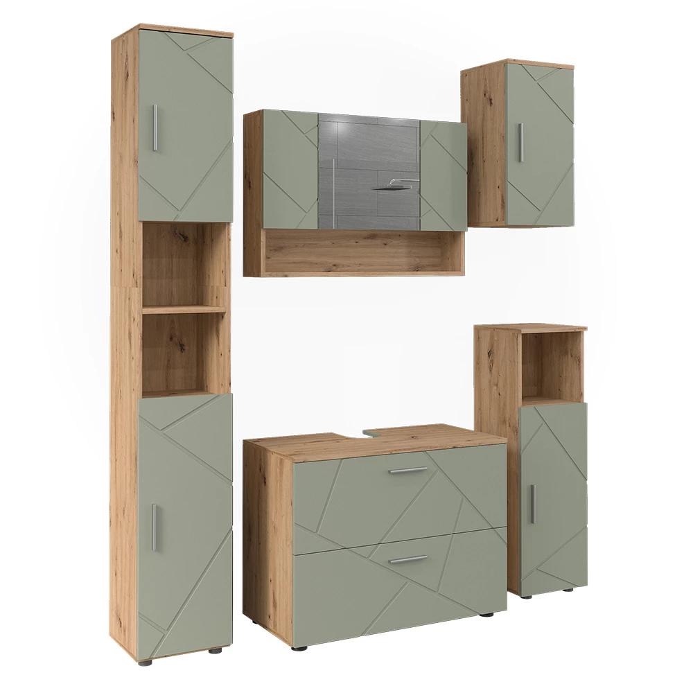 Irma Bad Furniture Set, 5pcs Bathroom Set, Bathroom Cabinet Set With Sink Cabinet, Set With Mirror Cabinet, 16 Mm Chipboard, Sage Green.