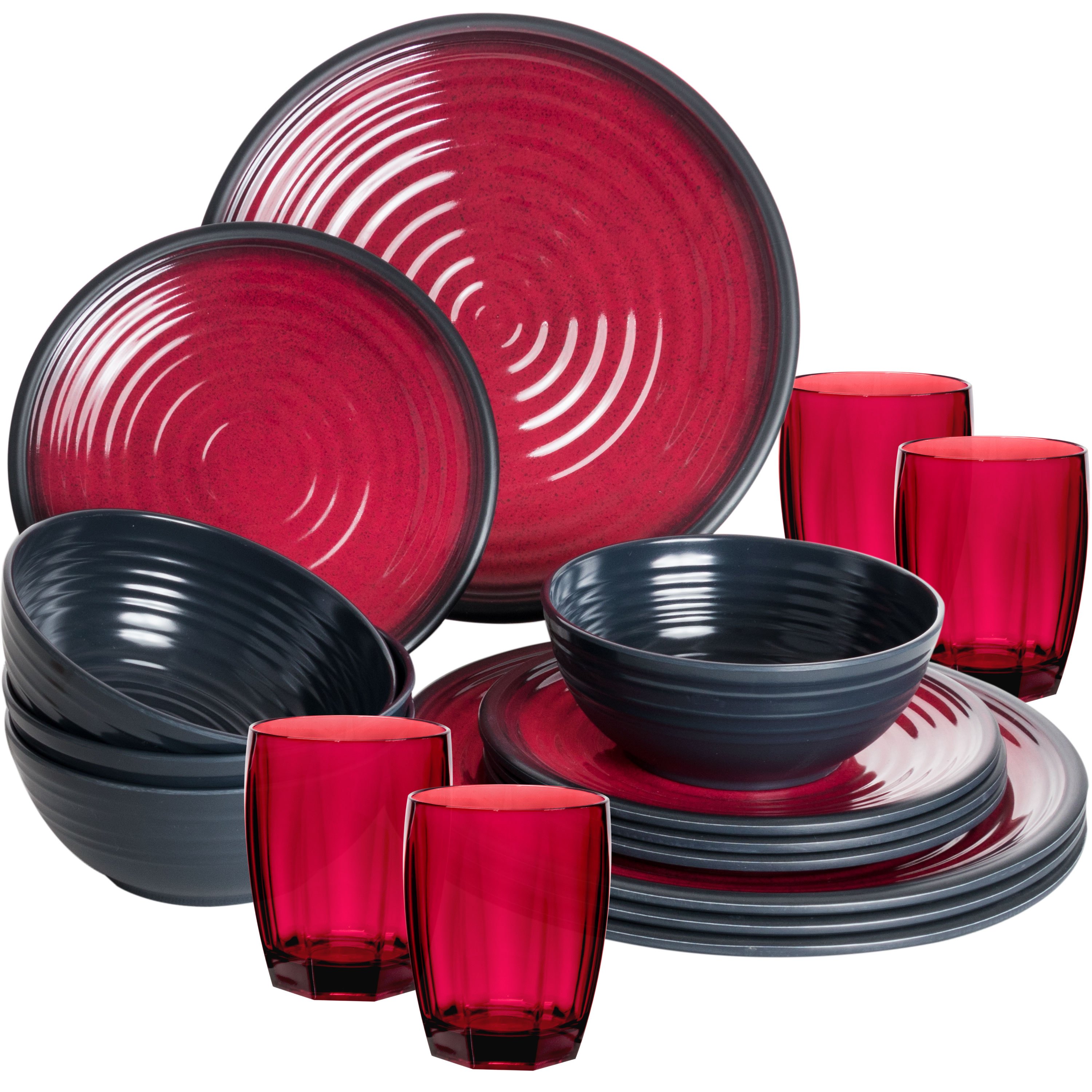 Image of Camping Dishware For , 16pcs With Camping Glass, Drinking Glass, Red, Black, Tone Optic - Acrylic Dinnerware, Water Glass - Ideal Camping Picnic Dishware For Modern Outdoor Camping.