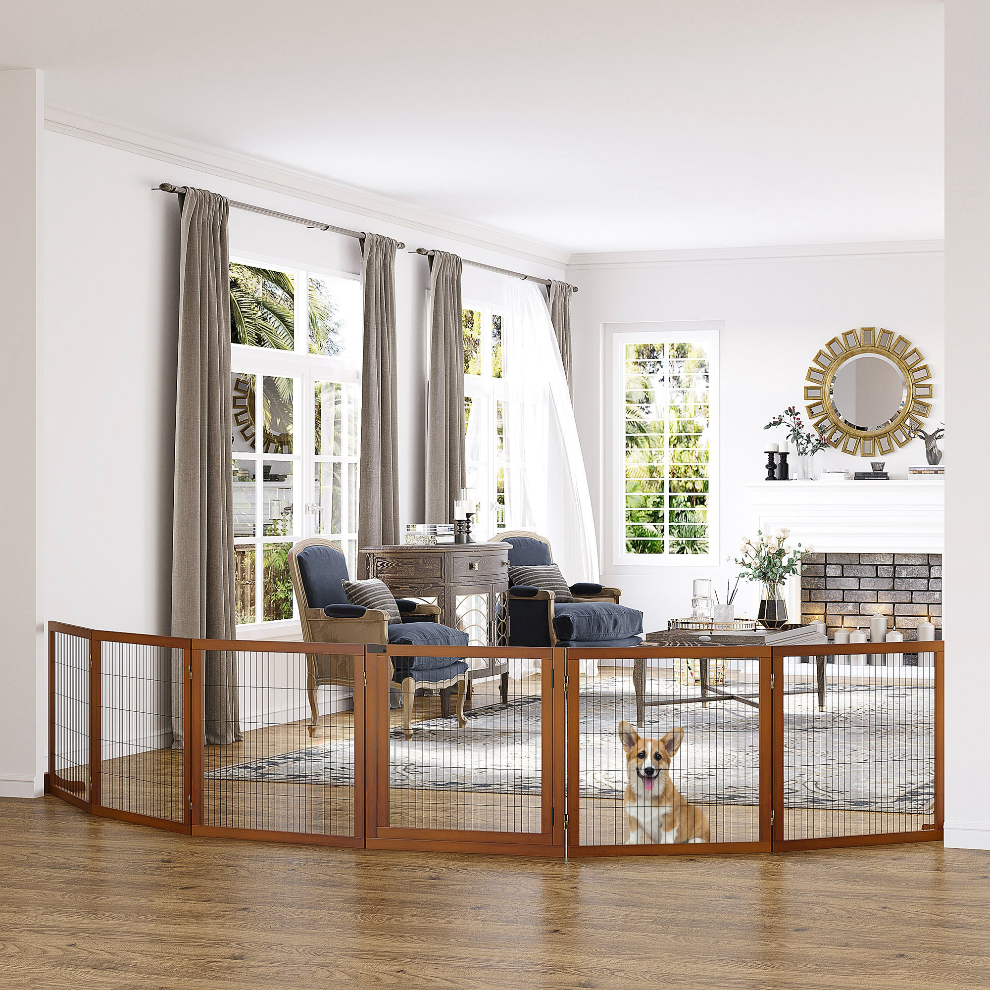 Barrier Grid Dog Adjustable Freestanding Protective Grid With Feet 70h X 432b Cm Wooden Dog Grid Foldable Stair Guard For Stairs, Doors, Hallway, Kitchen, 6 Panels, Coffee