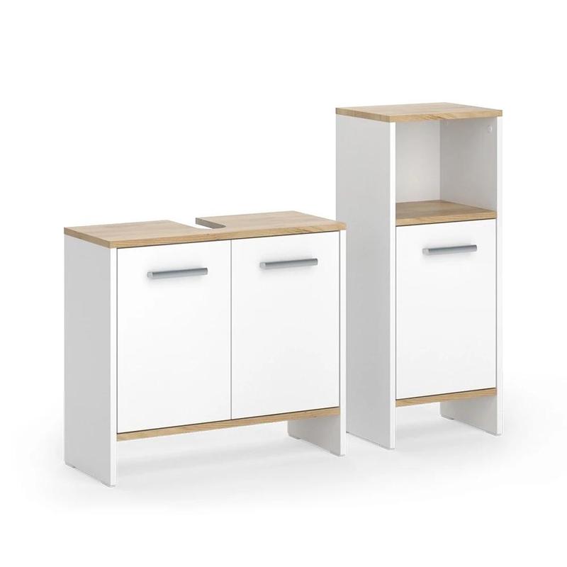 Image of 2-piece Bathroom Furniture Set In White/gold Oak, Bathroom Furniture Combination With Under-sink Cabinet And Mid Cabinet, Particle Board, 16mm, For Bathroom