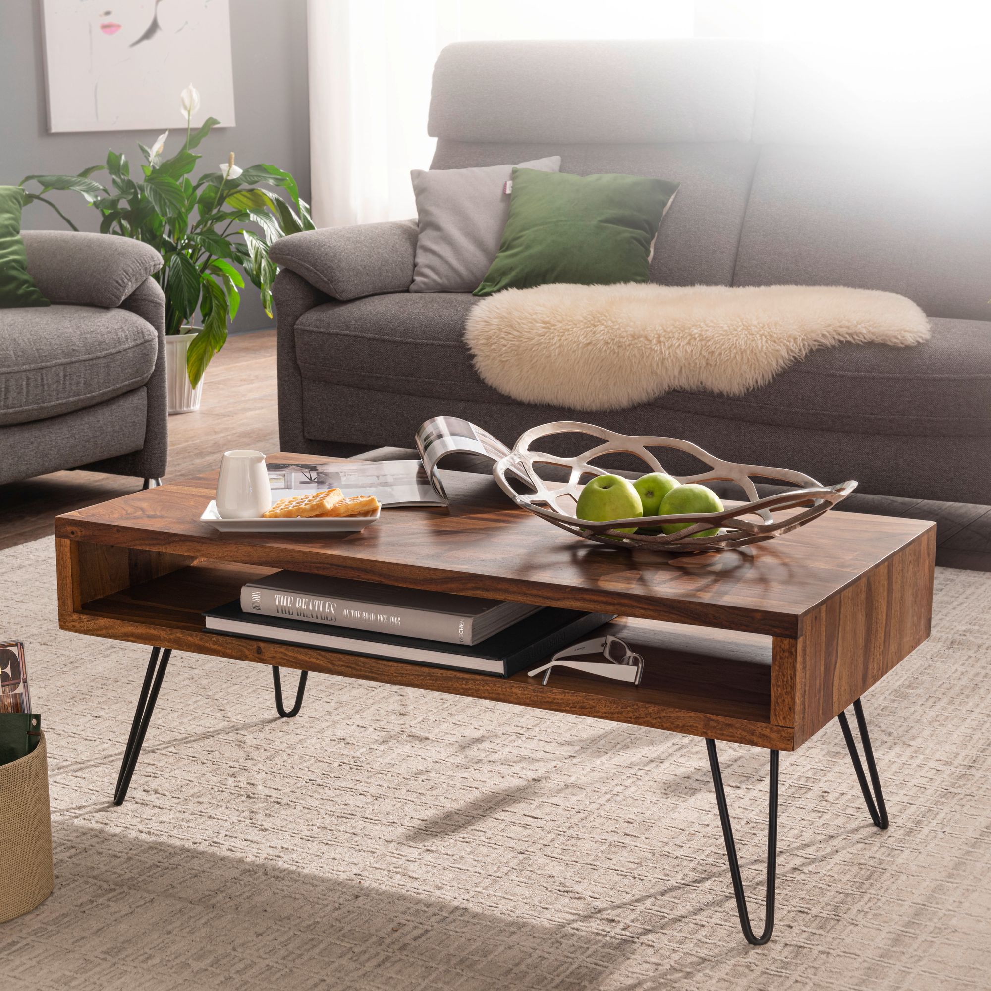 Coffee Table 100x40x50 Cm Solid Wood / Metal Sofa Table, Design Living Room Table Rectangular, Solid Coffee Table, Large Living Room Table