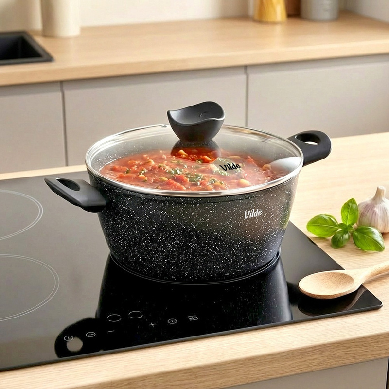 TEMU Granitica 24 Cm Granite Pot With Glass Lid, 3.6 L - Granite Coating, Perfect For Cooking And , Handles, Compatible With All Stovetops, Including