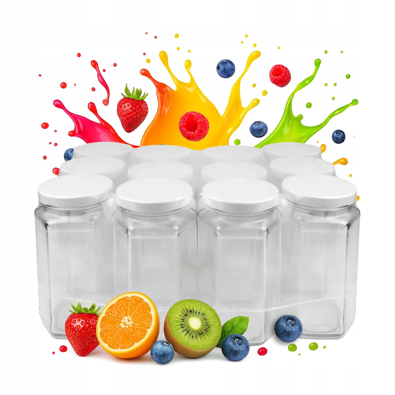 12x Glass Jars 385ml With Lid, Hexagonal Jar For Honey, Juice, Pickles