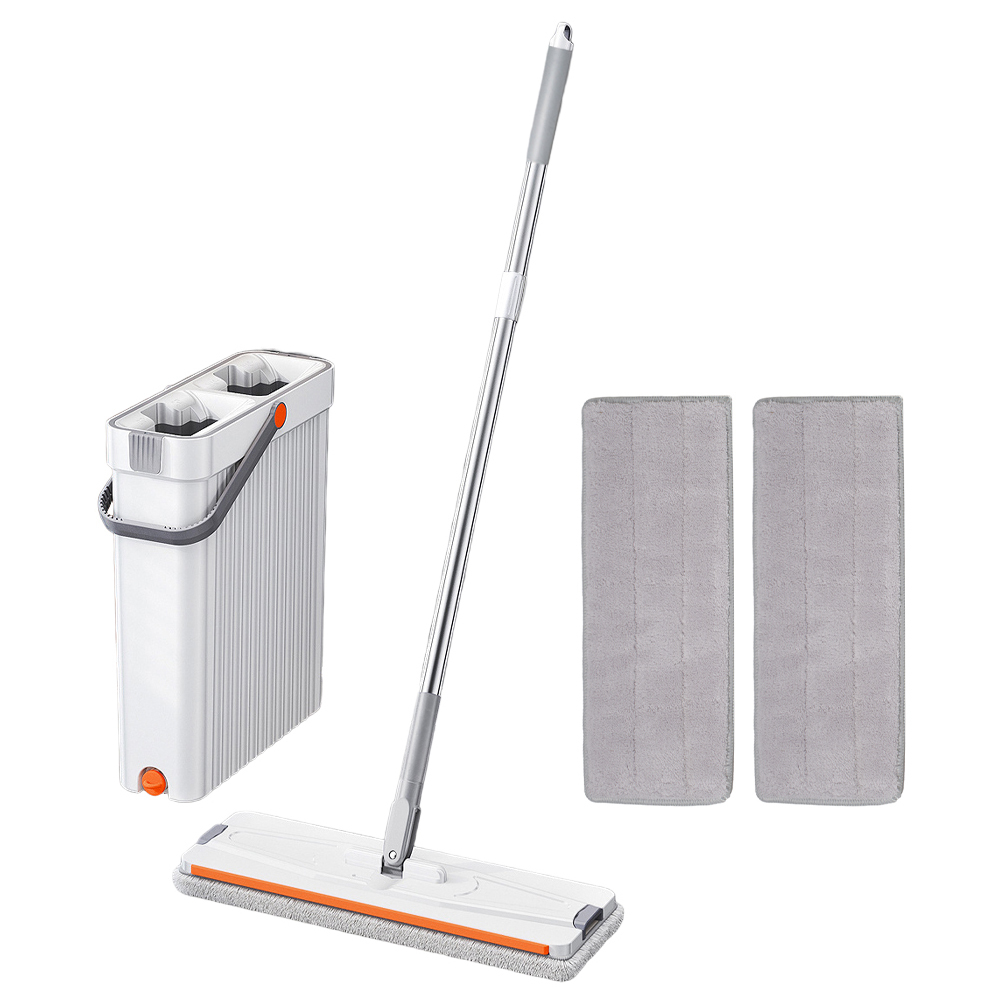 2 in 1 hands   mop bucket set dry wet   with washable mop cloths quick dry for hardwood tile laminate bathroom 2 reusable microfiber pads details 1
