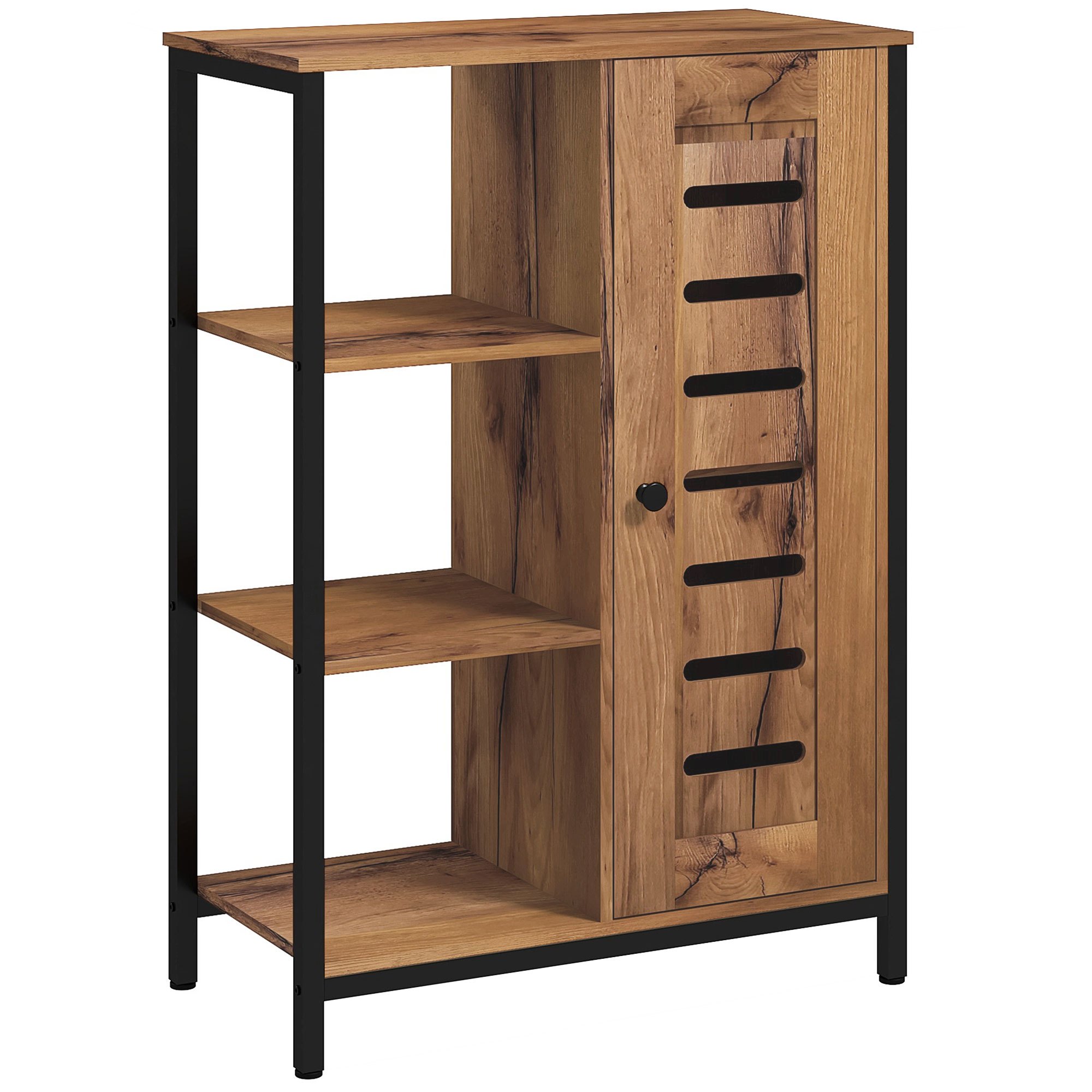 Homcom Kleankin Freestanding Bathroom Storage Cabinet, , Steel Structure, 3 Open Shelves, 2-tier Closet, 2-panel Door, 60 X 30 X 85 Cm, Rustic Brown
