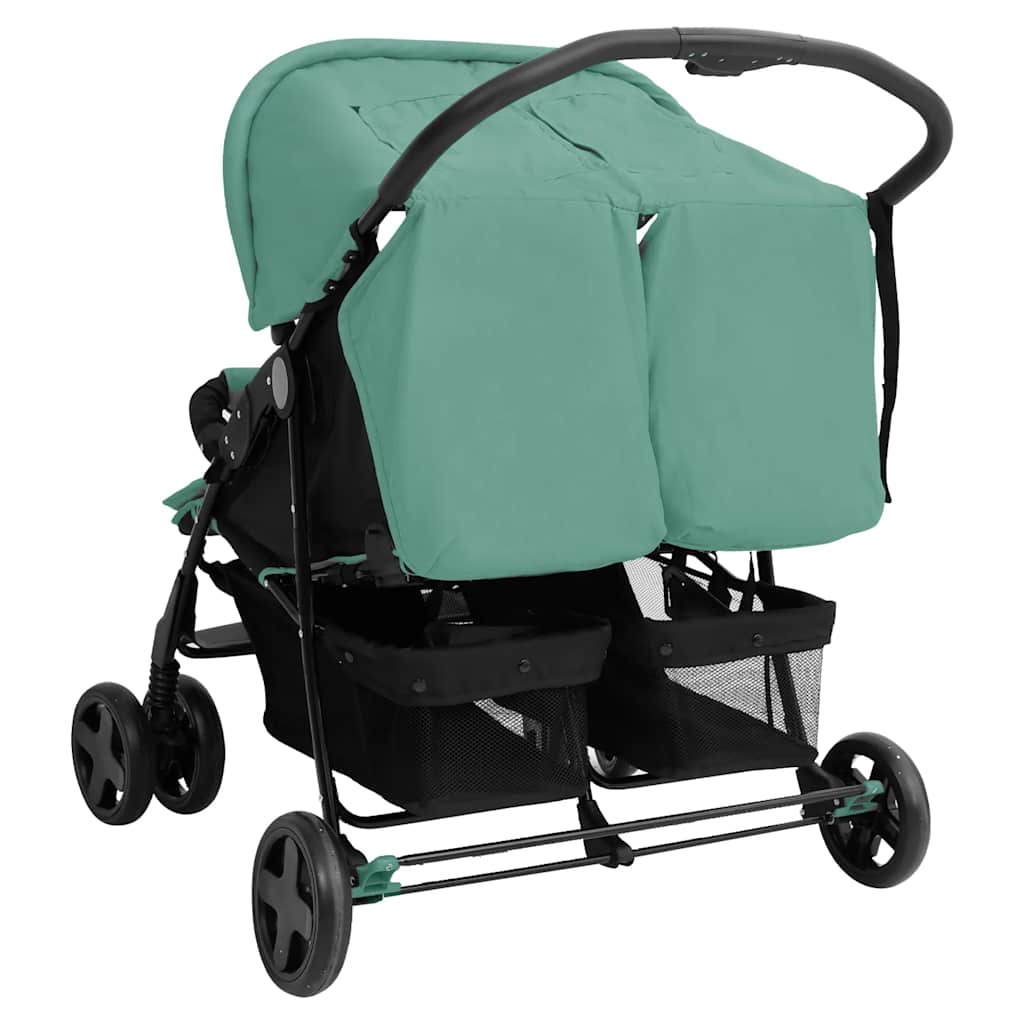 Kinderauto voor Twee Plaatsen Groen Staal, Dubbele Kinderwagen, Kinderwagen voor Tweelingen, Kinderwagen, Opvouwbare Kinderwagen, Kinderwagen Accessoires
