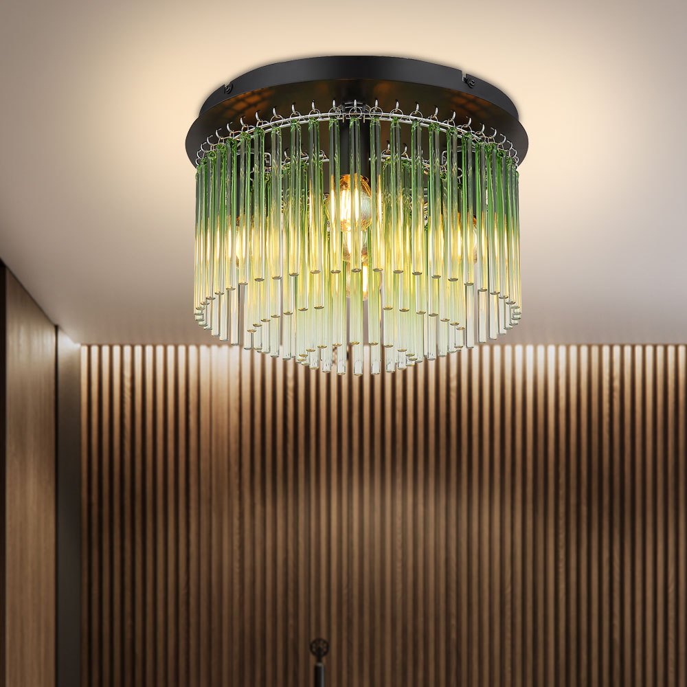 Image of Green Ceiling Light Ceiling Lamp 5 Flaming Living Room Lamp Glass Rods, Black Metal, 5x E14, Dxh 32x23 Cm