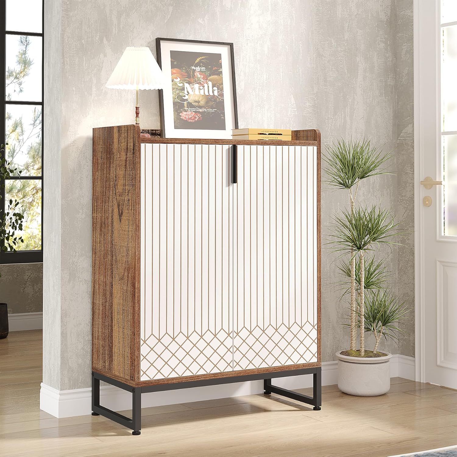 Image of Modern Shoe Cabinet With 2 Doors, 73 X 35 X 105 Cm, Shoe Rack For 25 Pairs, Shoe Cabinet With Metal Frame, Narrow Shoe Cabinet, Hallway Shoe Chest Of Drawers In Hallway