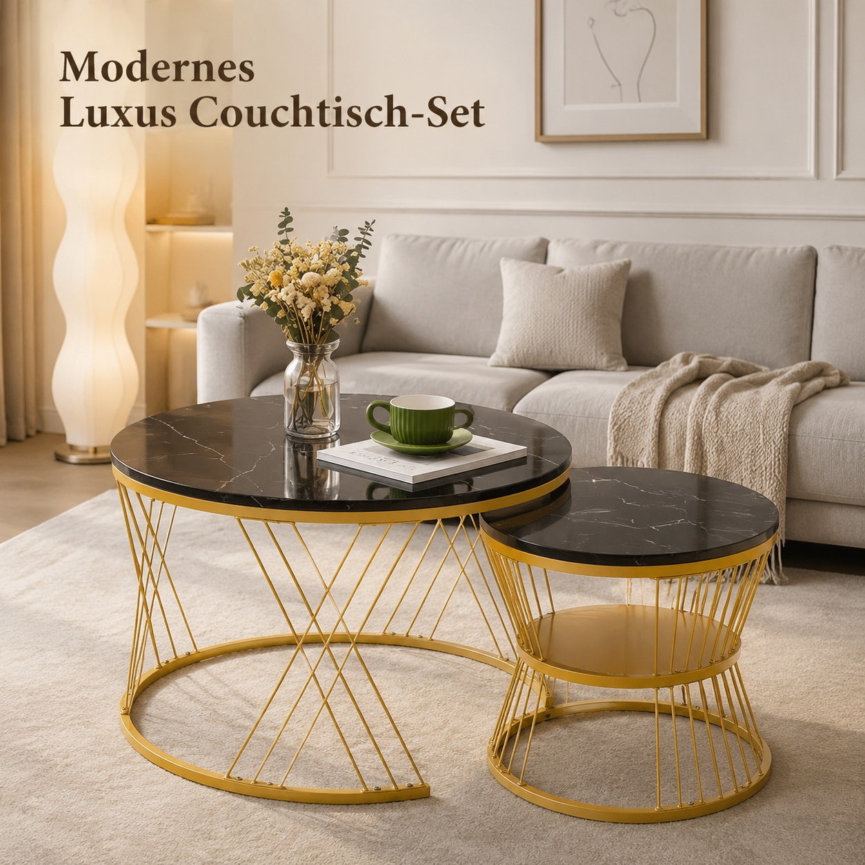 Image of 70x70x45 + 45x45x40 Cm (lxwxh) 2-piece Set Of Round Nesting Coffee Tables With Marble Pattern, Stackable Metal End Tables For Living Room And Small Apartments