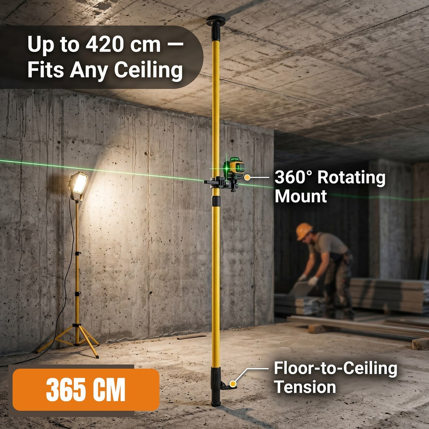 TEMU Support de niveau laser 420/365 cm, mât de support télescopique en d'aluminium, trépied laser de sol à plafond avec support rotatif à 360°,