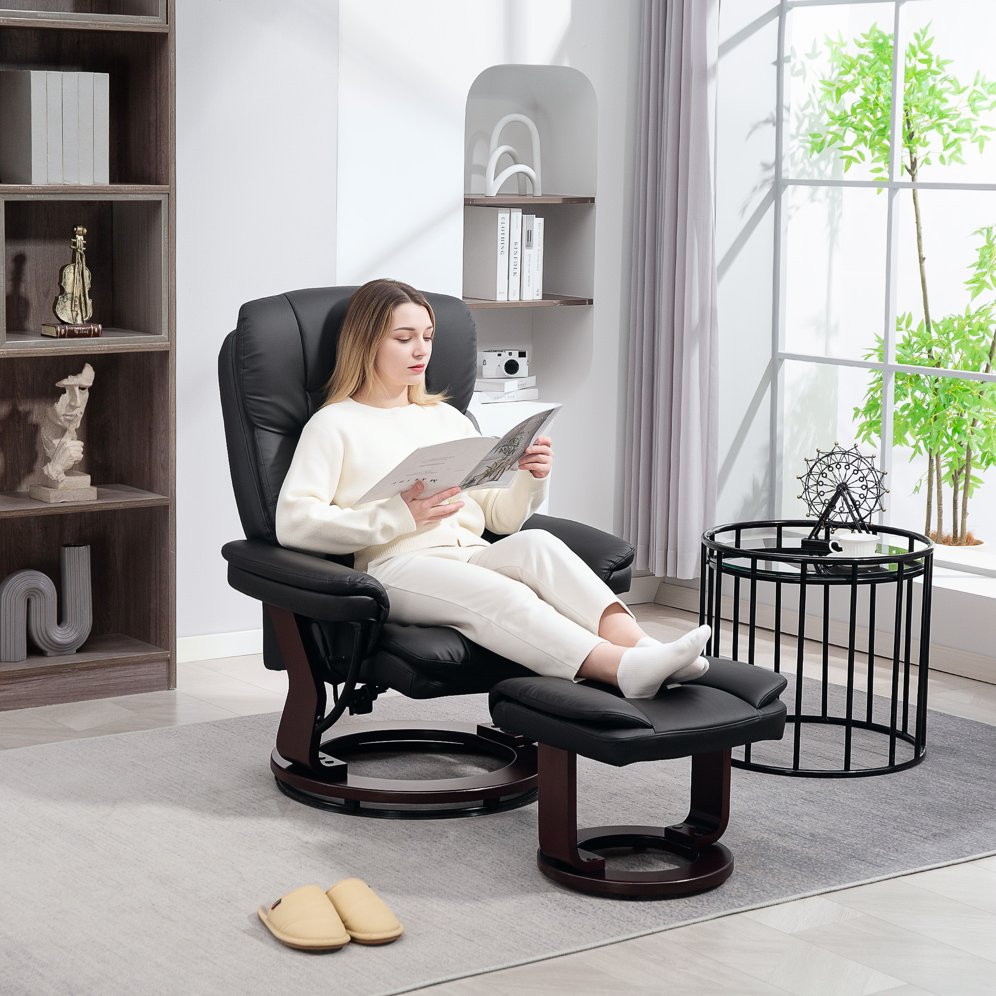 Recliner With Stool, Tv Chair With Reclining Function, Leather Living Room Chair With , Black