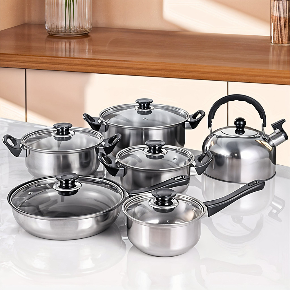 TEMU 6pcs Stainless Steel Cookware Set With Black Handles, Includes , Frying Pan, Sauce Pan, Kettle In Sizes, Kitchen Cooking Pots, Large-capacity