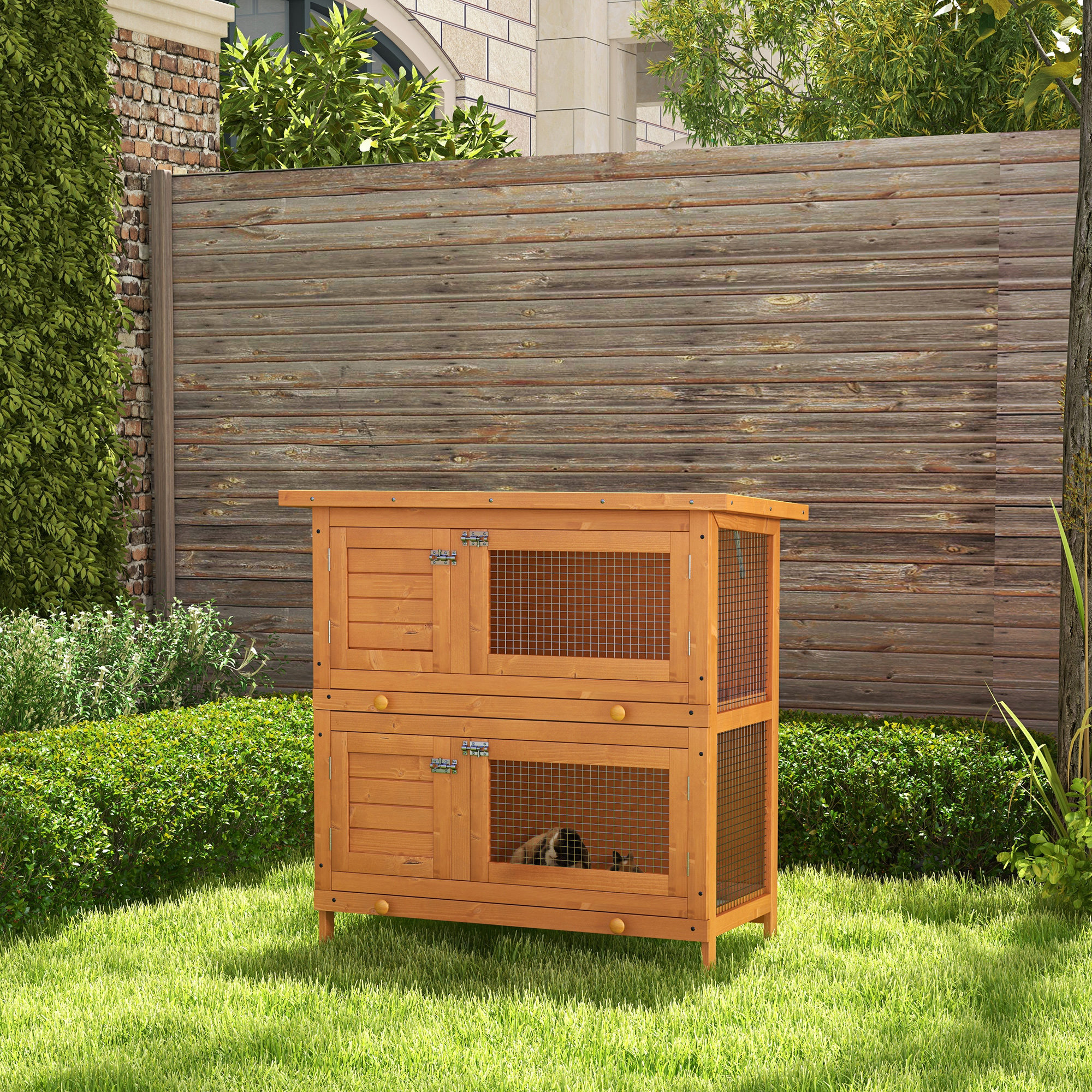 Image of Small Animal Enclosure Dwarf Rabbit Hutch With Asphalt Roof Small Animal House Small Animal Cage Guinea Pig Hutch Double-storey Animal Enclosure Outdoor Weather-resistant Wood Yellow 90 X 45 X 90 Cm