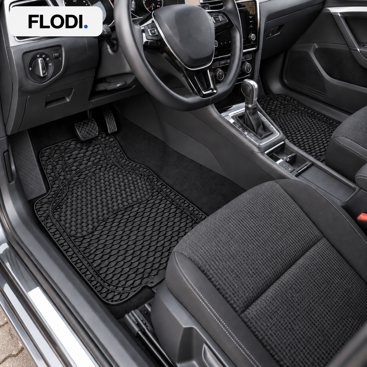 TEMU FLODI Autofußmatten – Universal PVC Fußmatten für Pkw – 4-teiliges Set in Schwarz mit zuschneidbaren Konturen –