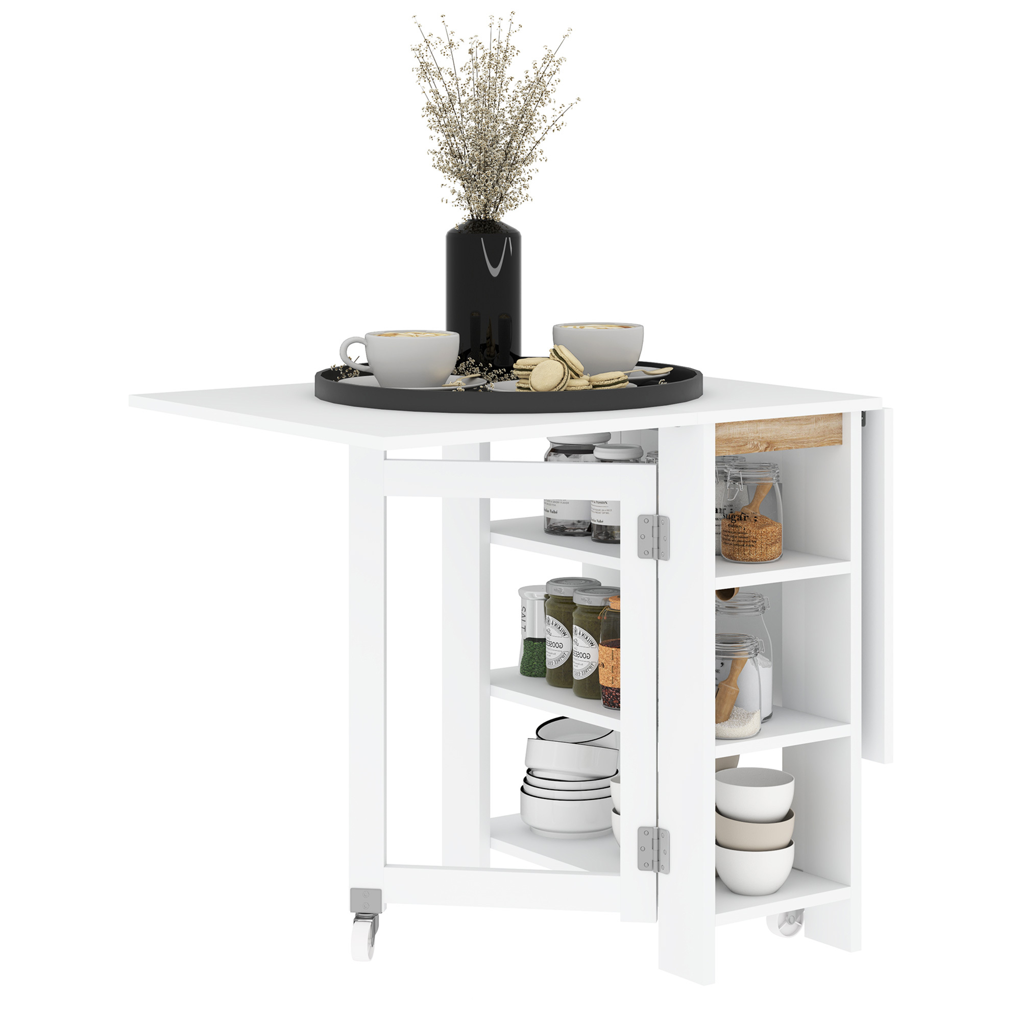 E-shop HOMCOM Klappbarer Esstisch, Klapptisch für die Küche auf Rollen, mit 2 Ausziehplatten und 3 Ablagefächern, modernes Design, Küchentisch für