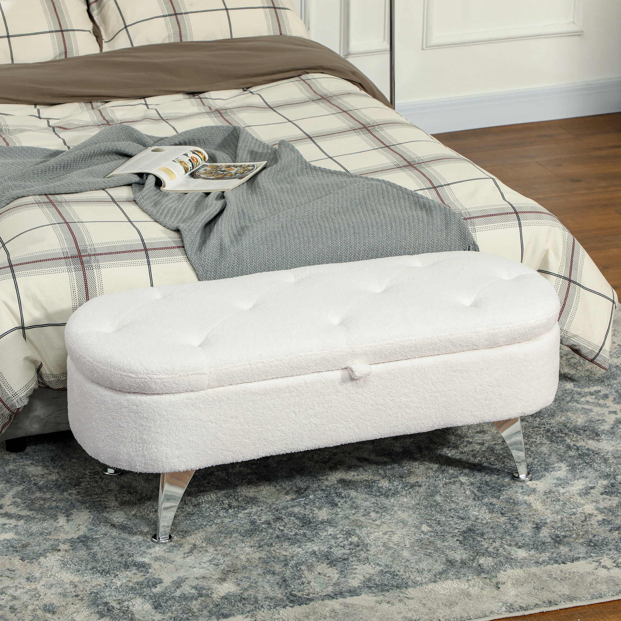 Image of Storage Bench, Upholstered Bench With Lid, Bed Bench With Teddy , For Hallway Bedroom Living Room, Metal Frame 114 X 46.5 Cm White