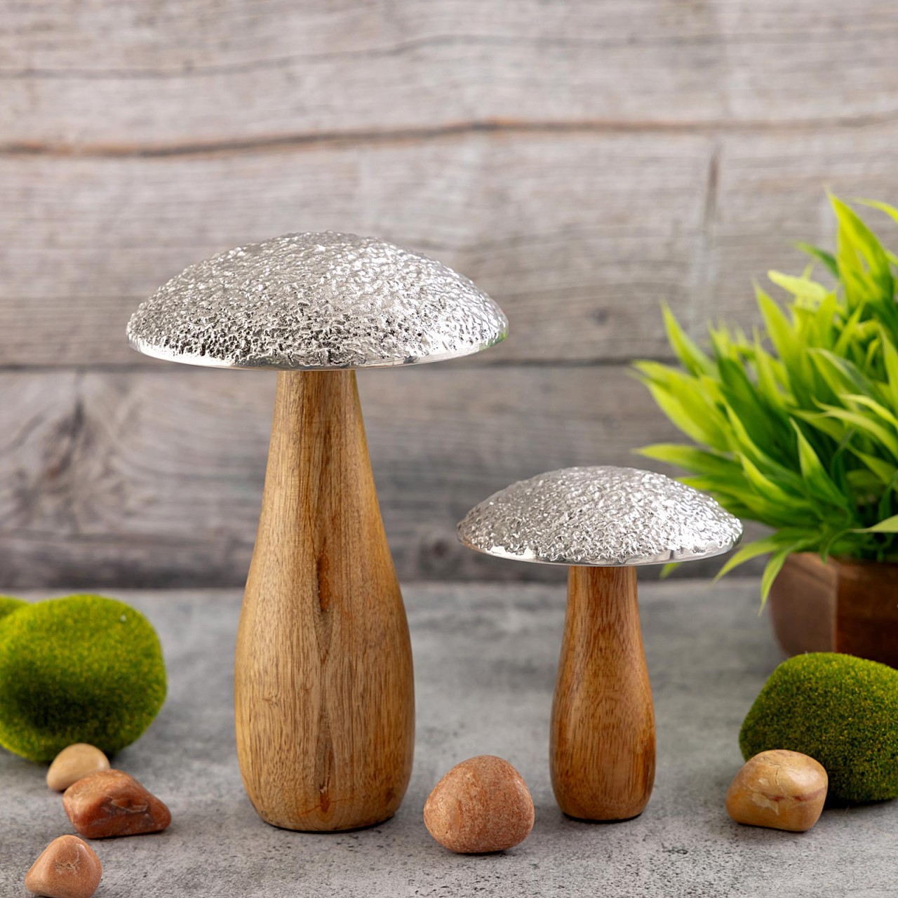 TEMU Decorative Figures 2pcs Set Mushrooms H20/12x13/10cm Display Stand Mushroom-optic Mango Wood Aluminium